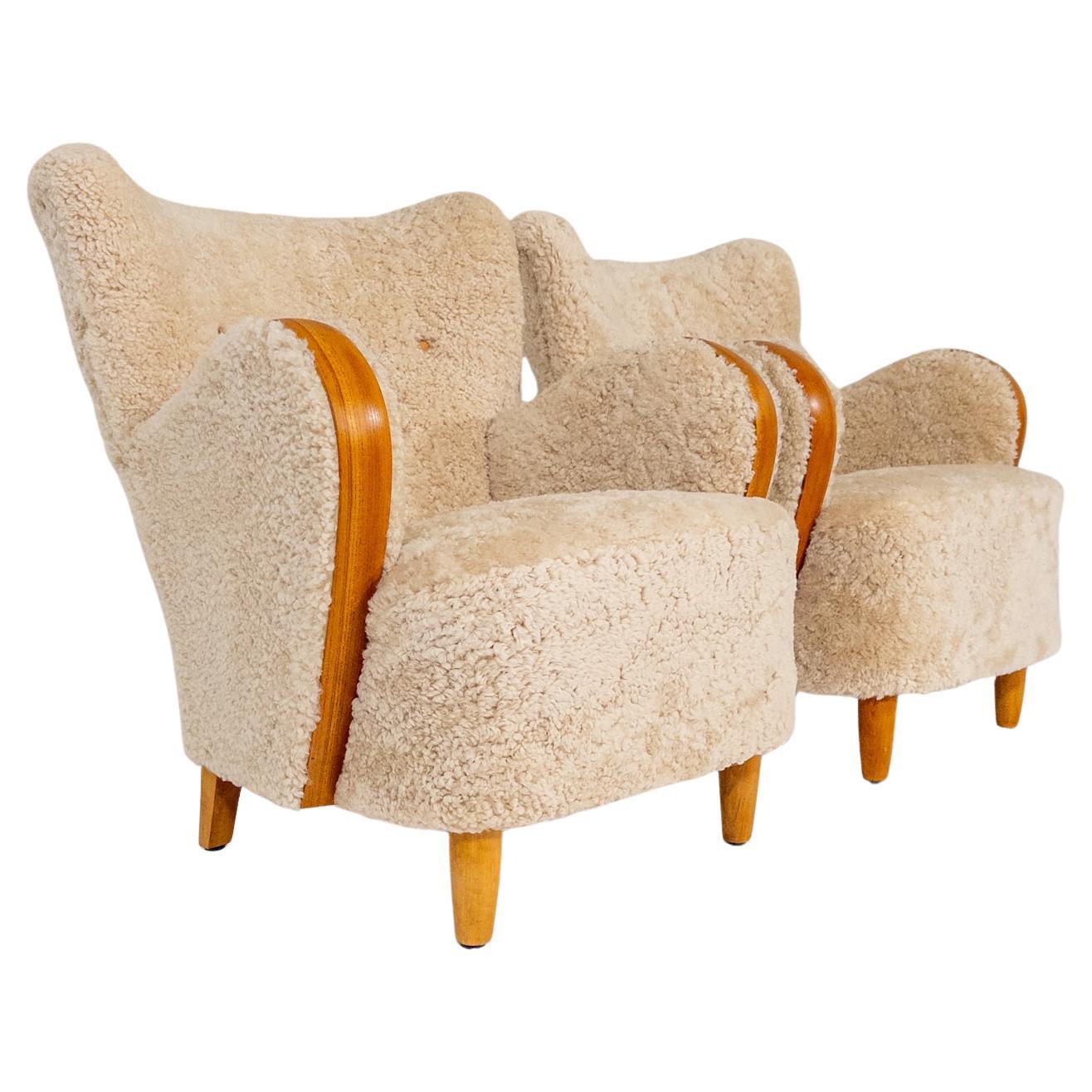 Swedish Modern Sheepskin lounge chairs 1930s–1940s