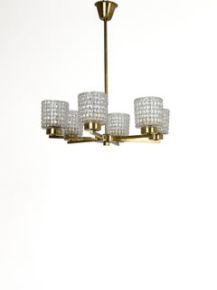 Swedish Modern Six-Light Brass and Pressed Glass Chandelier, Sweden, 1960s