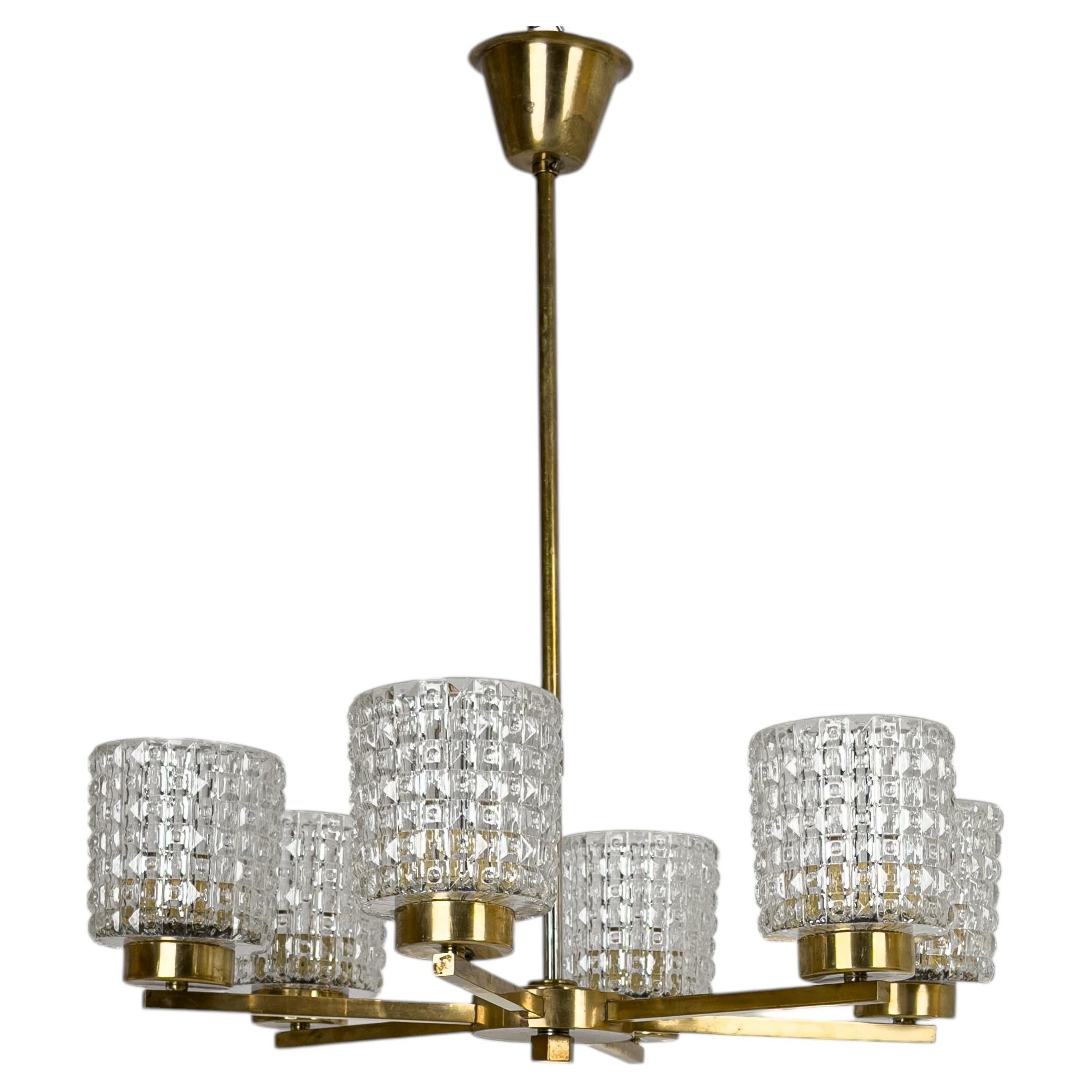 Swedish Modern Six-Light Brass and Pressed Glass Chandelier, Sweden, 1960s