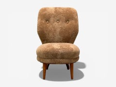 Swedish Modern, Slipper Chair, Brown Sheepskin, Birch, Sweden, 1950s