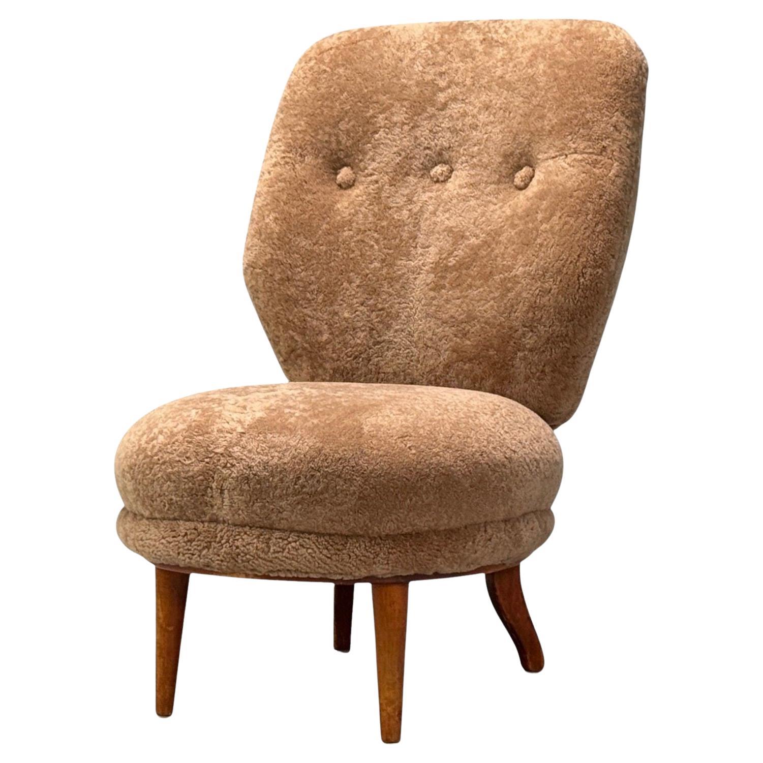 Swedish Modern, Slipper Chair, Brown Sheepskin, Birch, Sweden, 1950s For Sale