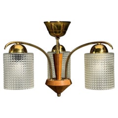 Swedish Modern, Small Pendant Light, Brass, Teak, Textured Glass, Sweden, 1950s