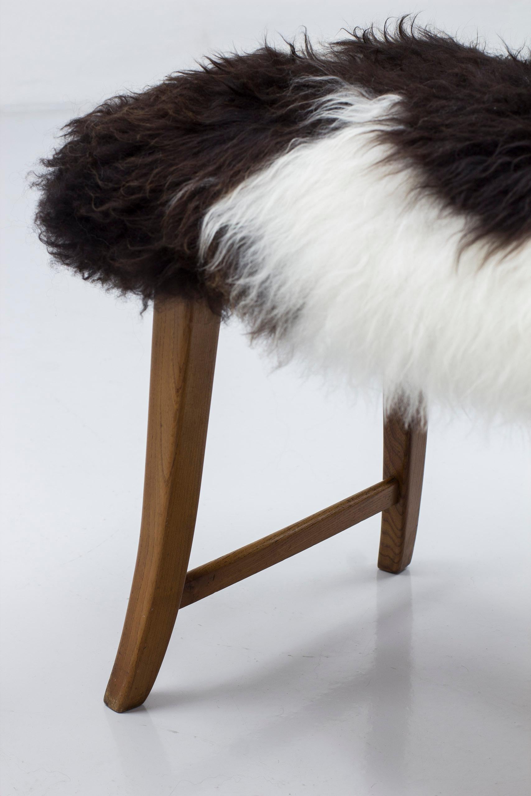 Scandinavian Modern Swedish modern solid elm stools with sheepskin, 1940s, Sweden For Sale