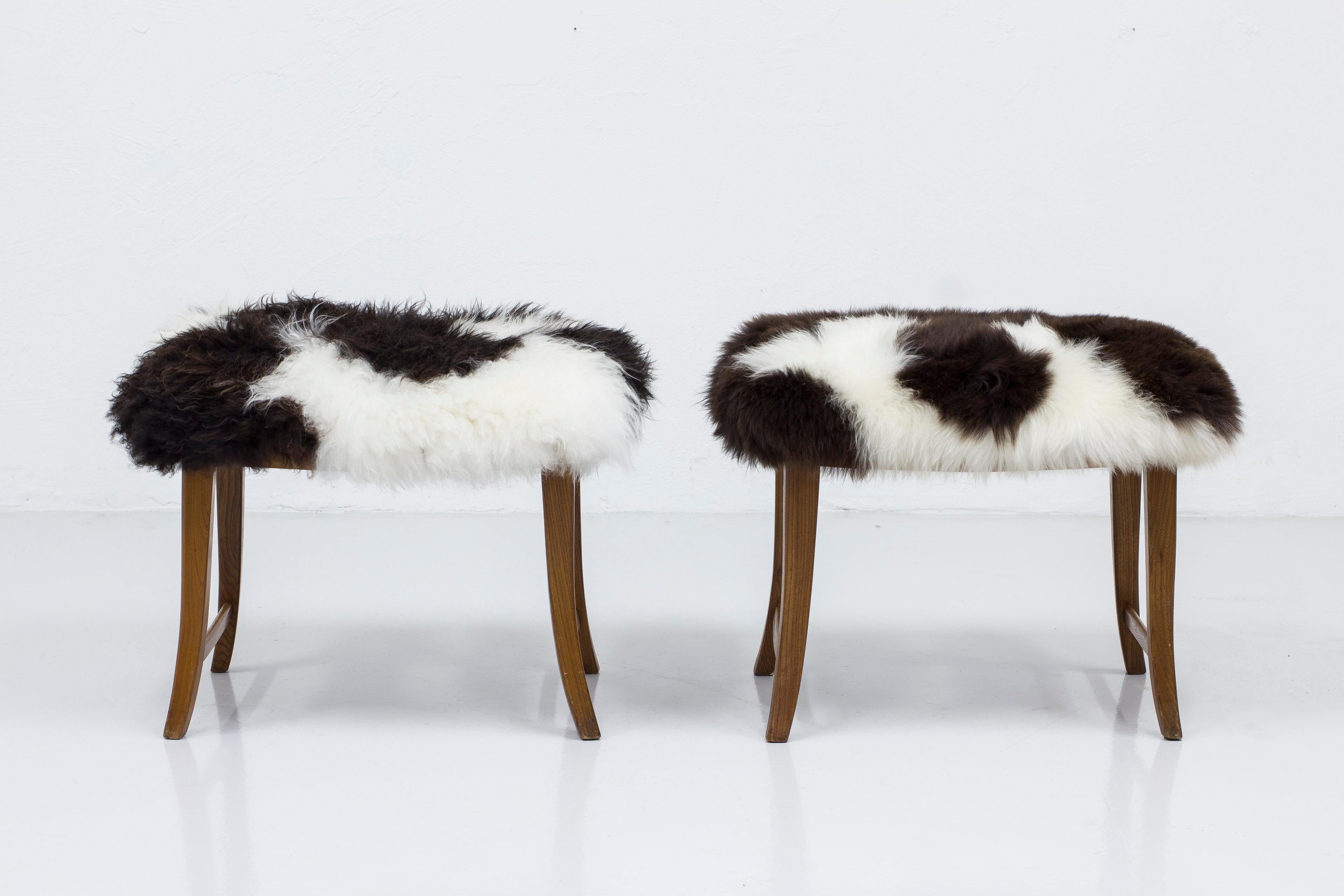 Swedish modern solid elm stools with sheepskin, 1940s, Sweden For Sale 2