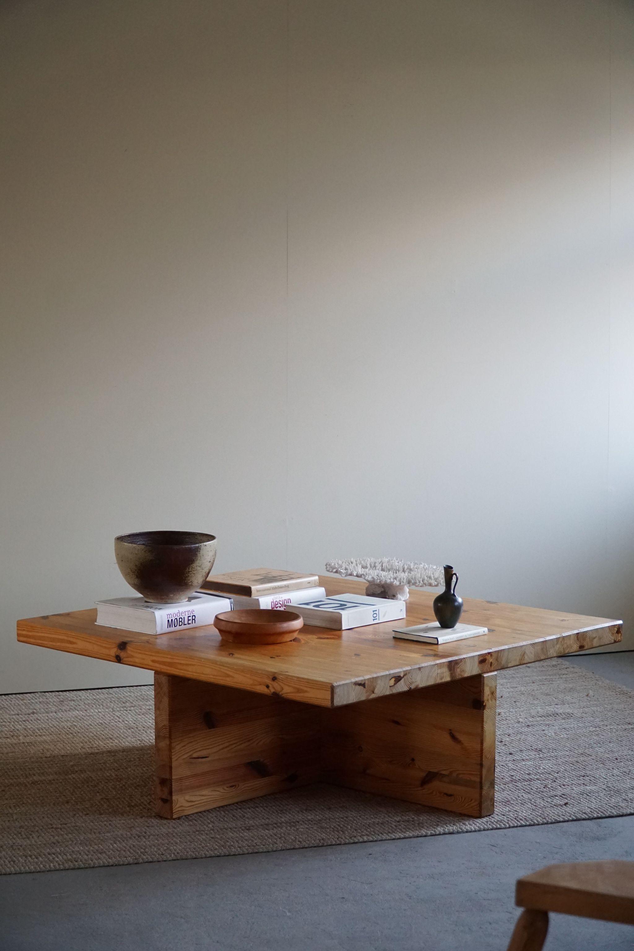 Swedish Modern Solid Pine Coffee Table by Sven Larsson, Brutalist, 1970s 8