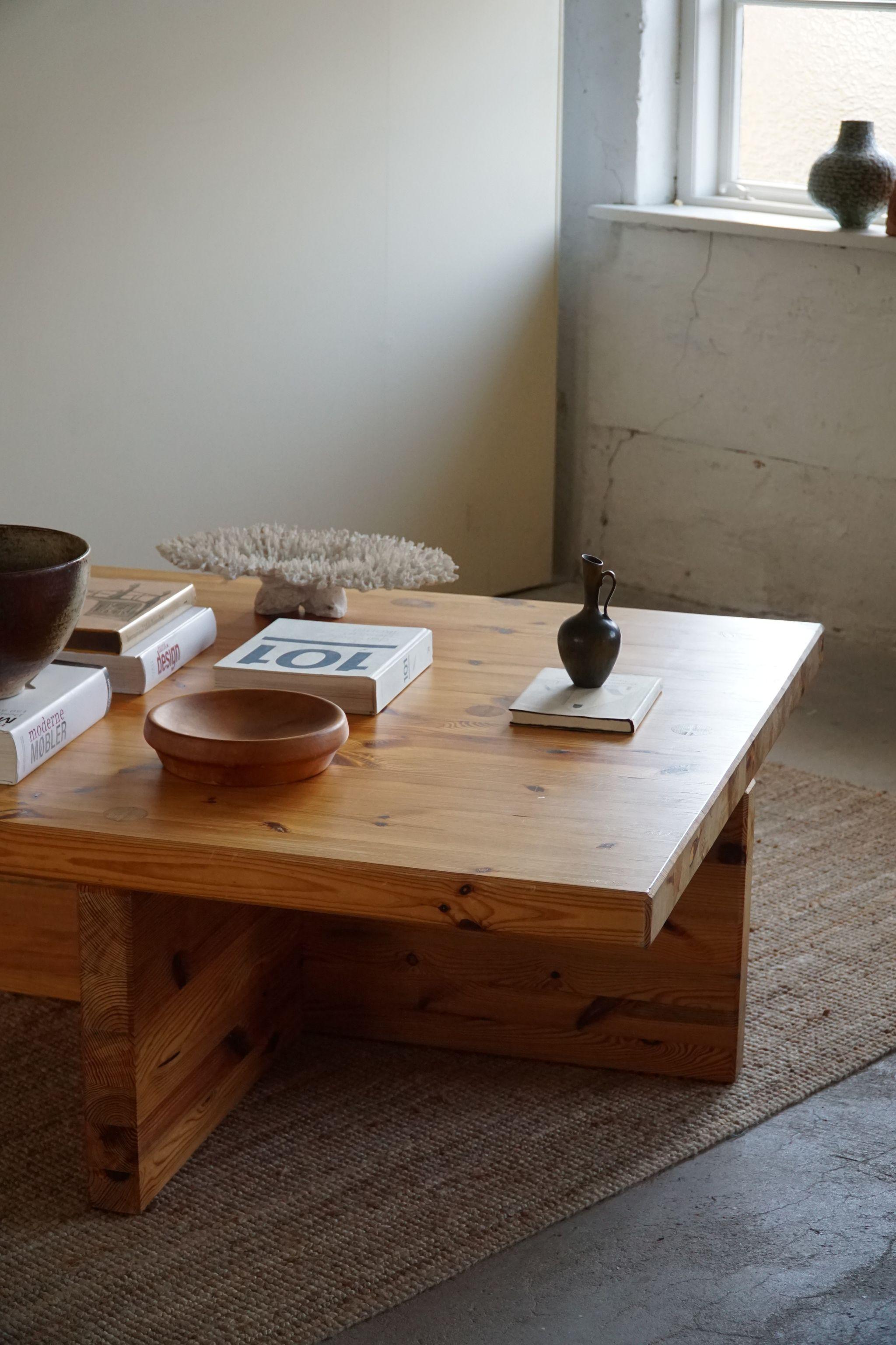 Swedish Modern Solid Pine Coffee Table by Sven Larsson, Brutalist, 1970s 9