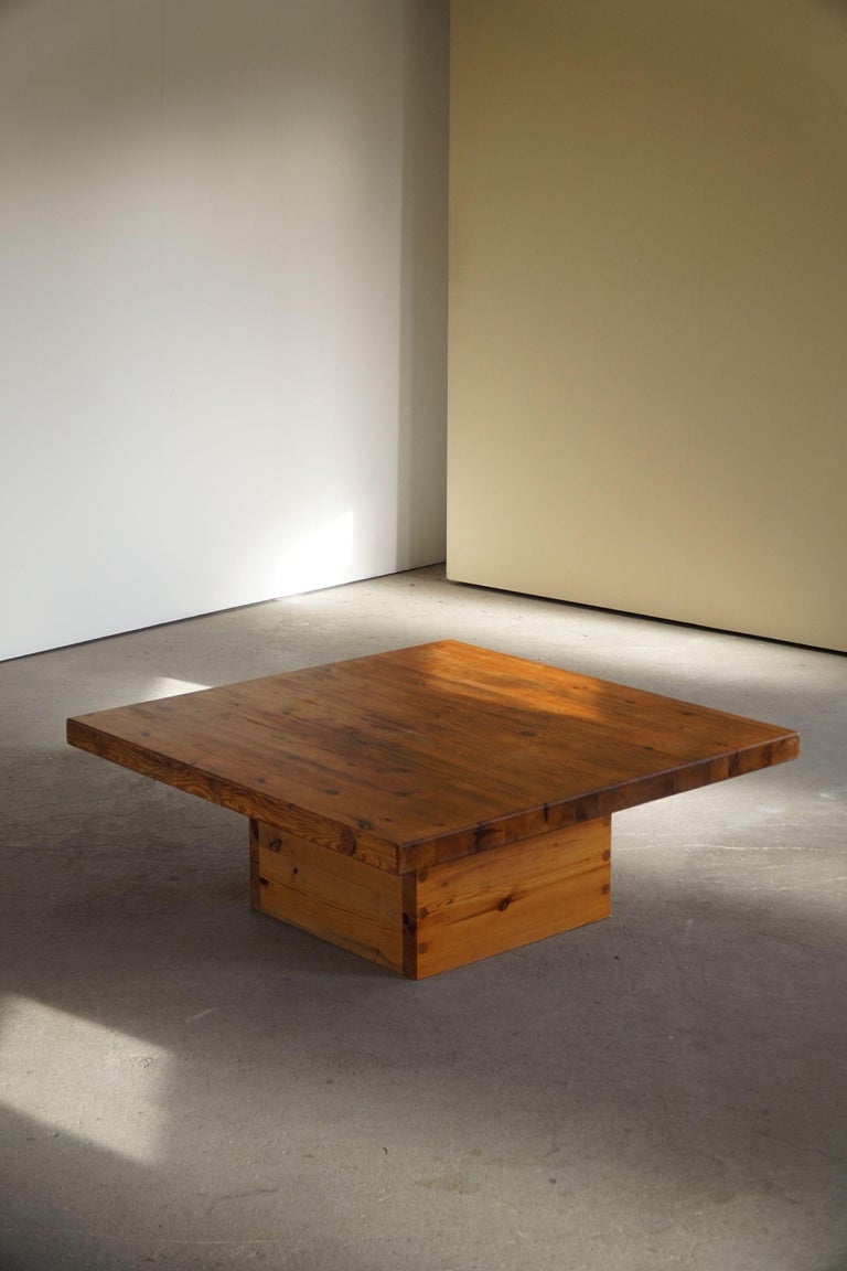 Swedish Modern Square Solid Pine Coffee Table by Sven Larsson, Brutalist, 1970s In Good Condition For Sale In Odense, DK