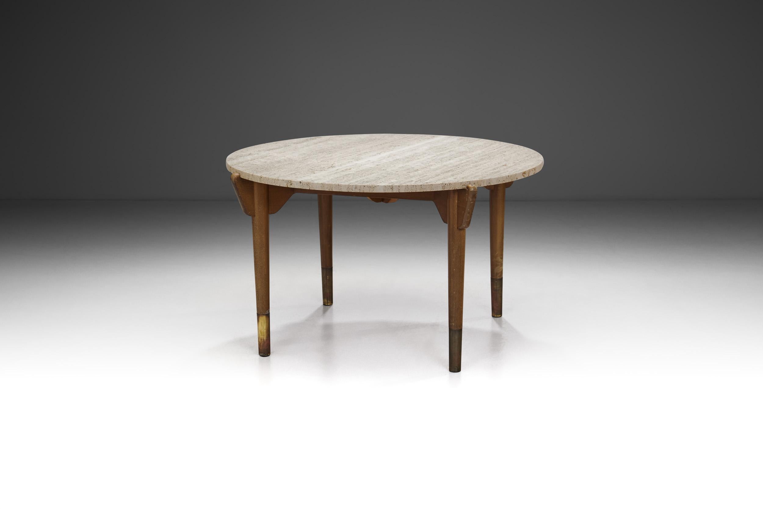 Mid-20th Century Swedish Modern Stained Beech Coffee Table with Travertine Top, Sweden 1940s For Sale