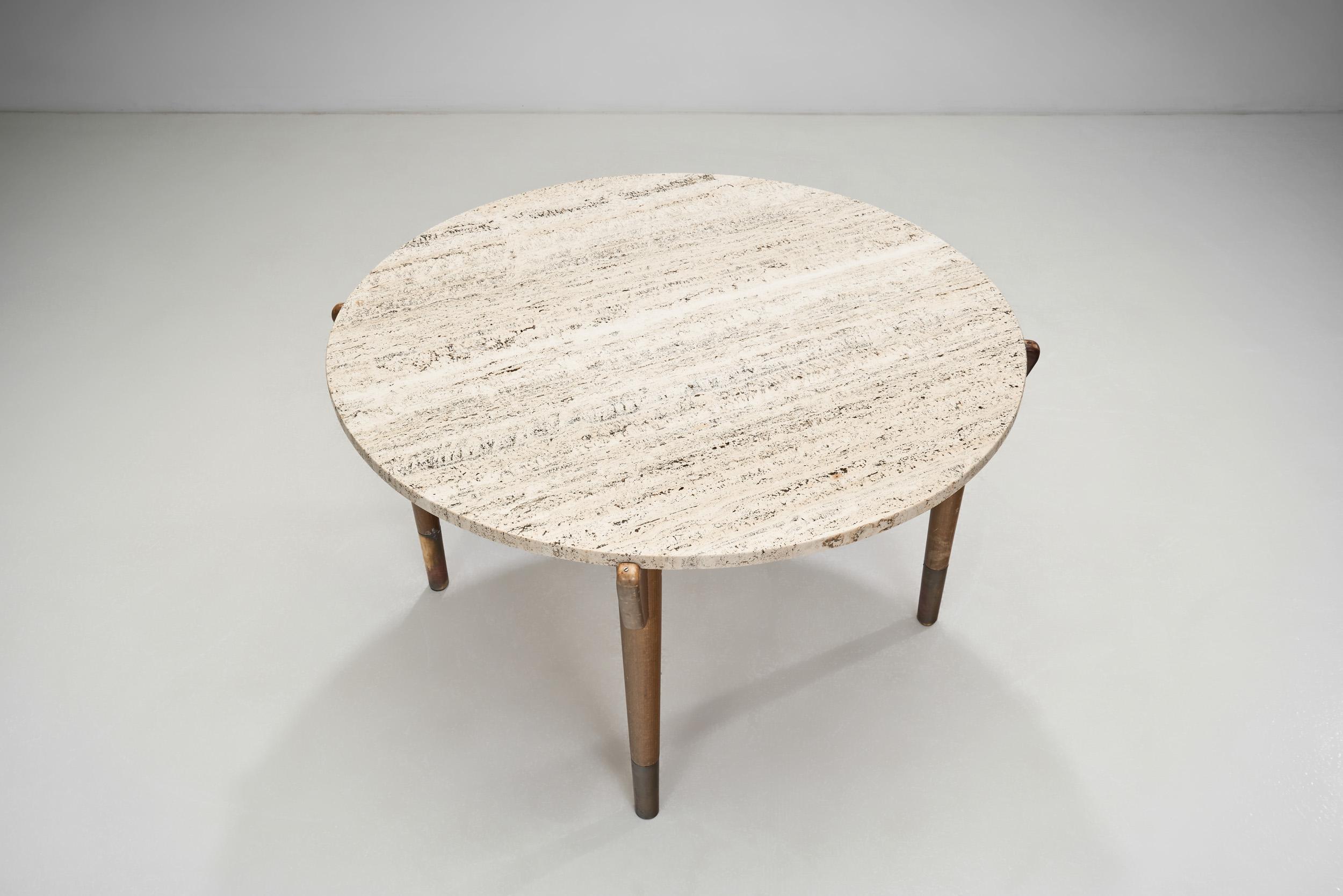 Swedish Modern Stained Beech Coffee Table with Travertine Top, Sweden 1940s For Sale 1