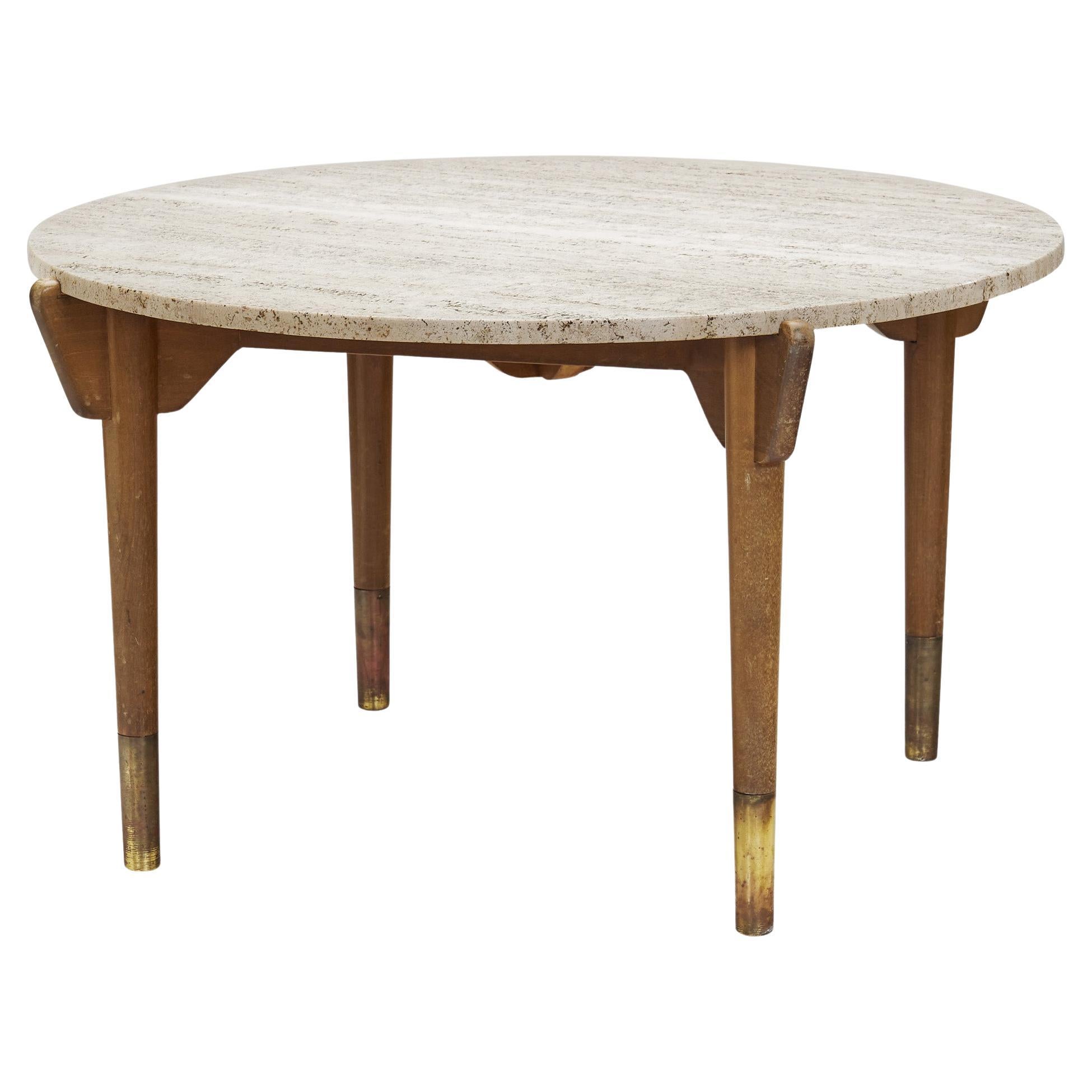 Swedish Modern Stained Beech Coffee Table with Travertine Top, Sweden 1940s For Sale