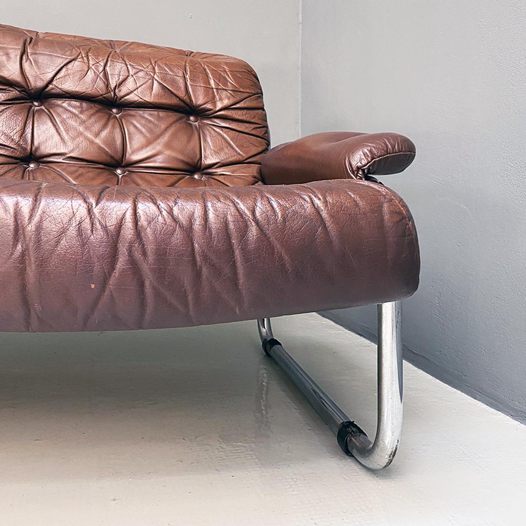 Swedish Modern Steel Brown Leather Sofa, Johann Bertil Häggström for Ikea, 1970s 3