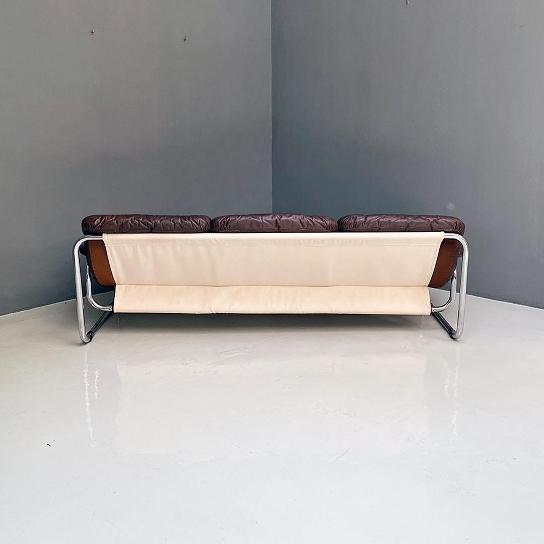 Swedish Modern Steel Brown Leather Sofa, Johann Bertil Häggström for Ikea, 1970s In Good Condition In MIlano, IT