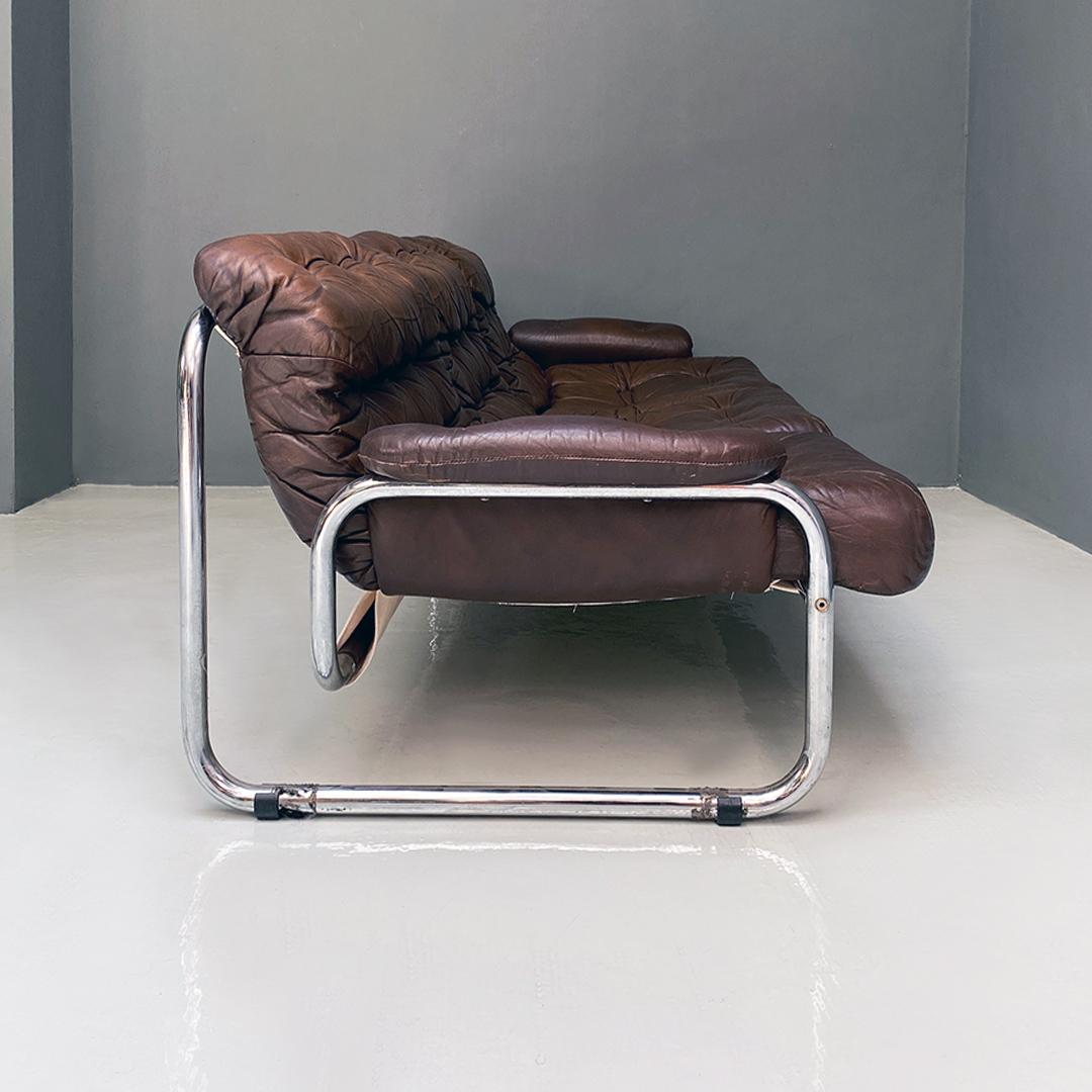 Swedish Modern Steel Brown Leather Sofa, Johann Bertil Häggström for Ikea, 1970s 1