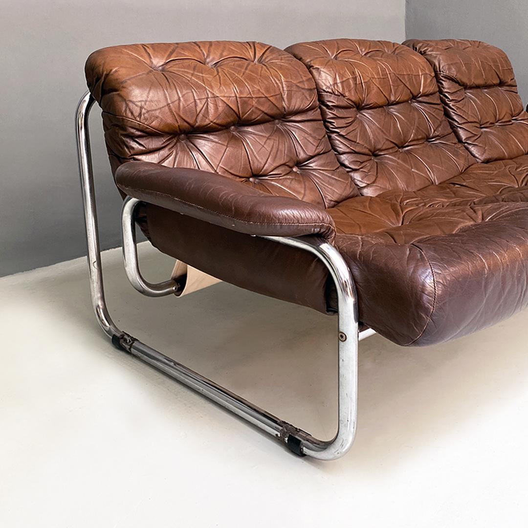 Swedish Modern Steel Brown Leather Sofa, Johann Bertil Häggström for Ikea, 1970s 2