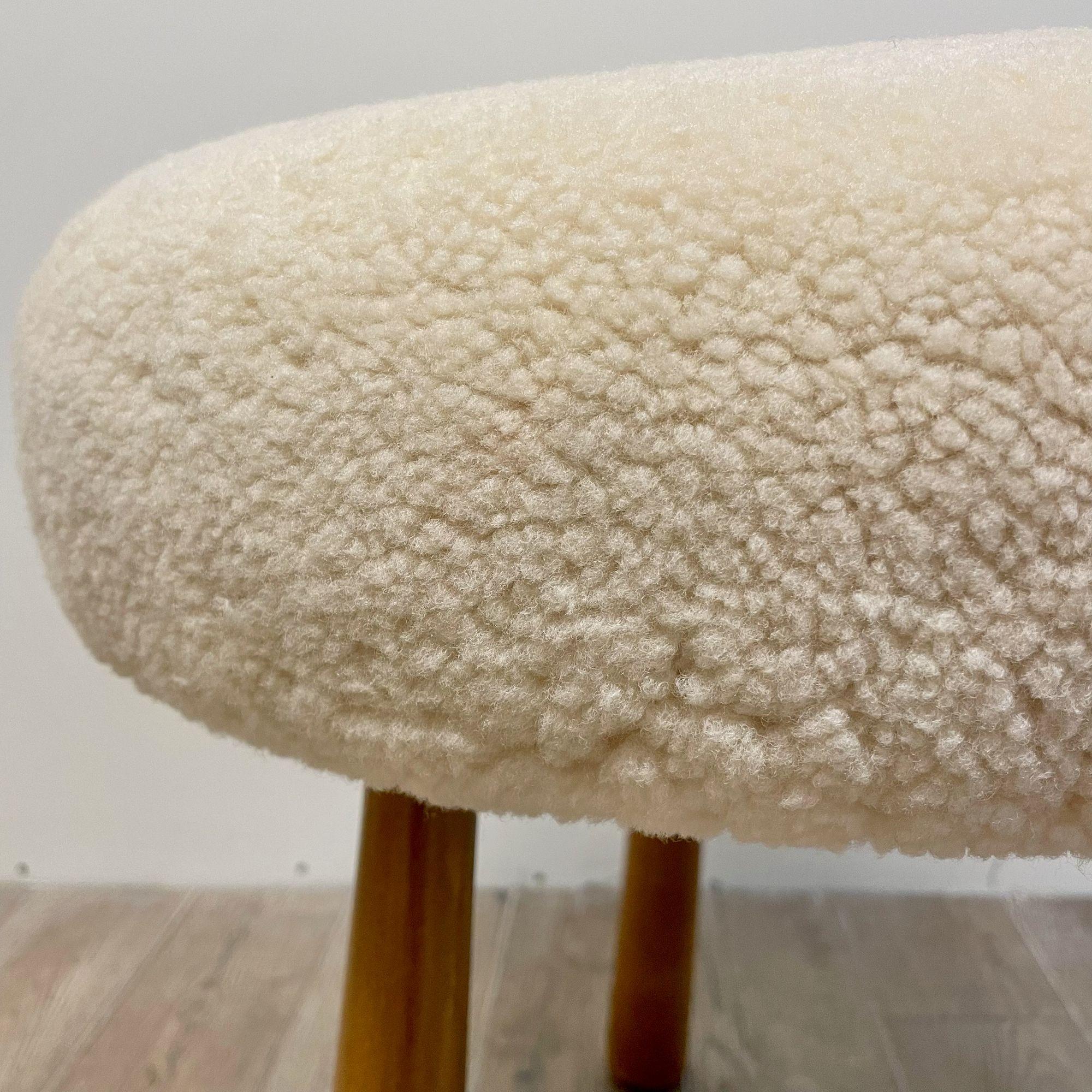 Contemporary Swedish Modern Style, Beige Sheepskin, Stained Wood, Ottoman or Footstool For Sale