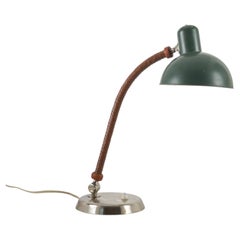 ASEA, Table Lamp, Braided Leather Arm, Green Lacquered Metal.