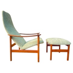 Swedish Modern Teak Frame Lounge tall Back Chair & Ottoman by Alf Svensson