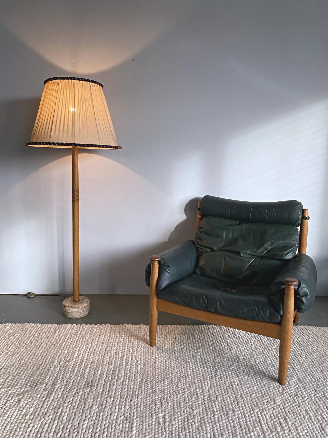 Hand-Carved Swedish Modern Teak & Marble Midcentury Floor Lamp, 1950s, Sweden For Sale