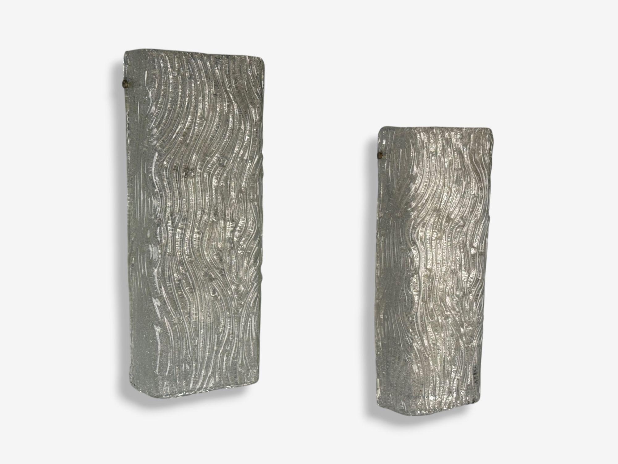 Swedish Modern, Textured and Swirled Glass, Nickel, Wall Lights, Sweden, 1970s

A pair of textured glass and nickel wall lights designed and produced in sweden in the second half of the 20th century. Each example have unique glass pieces with a