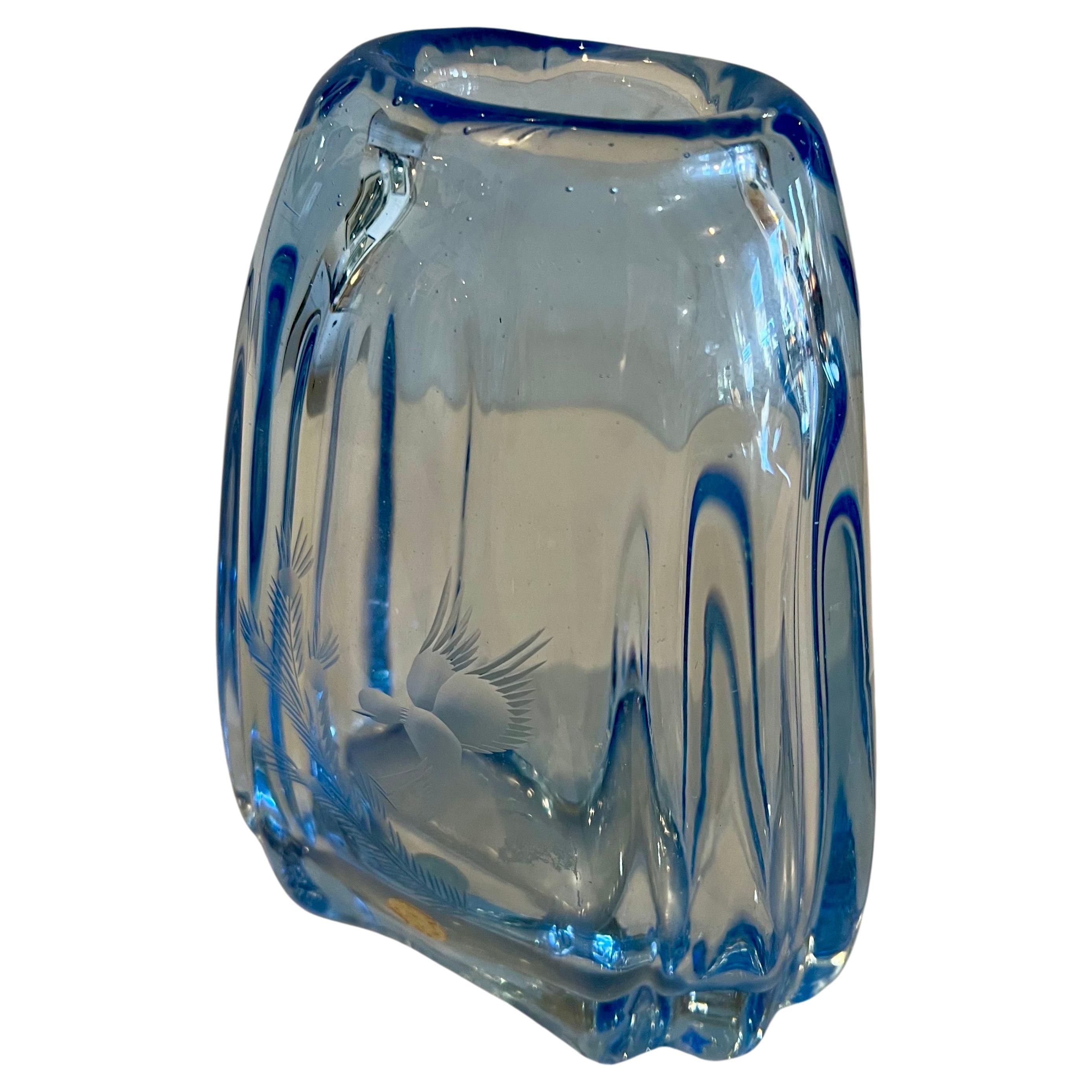 20th Century Swedish Modern Thick Blue Glass Etched Vase by Kosta Sverige For Sale