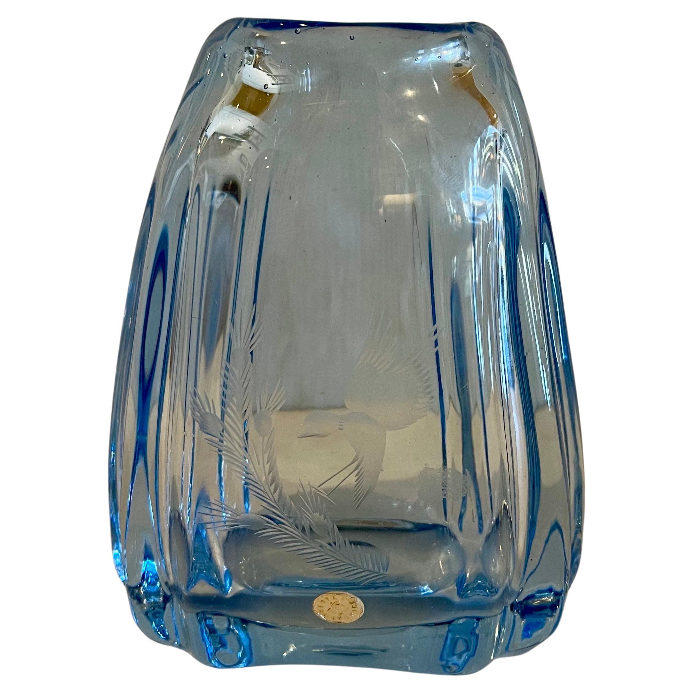Blown Glass Swedish Modern Thick Blue Glass Etched Vase by Kosta Sverige For Sale