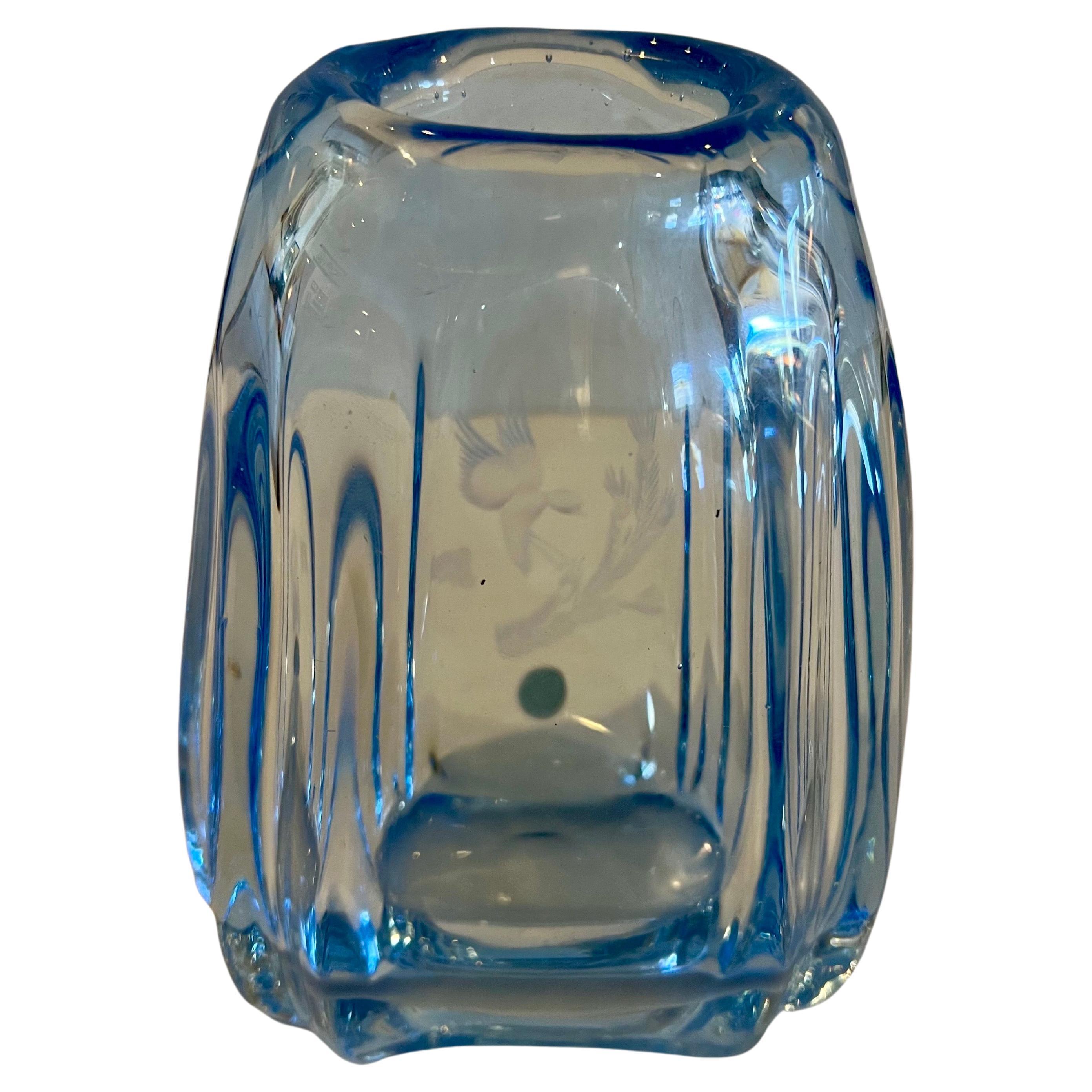 Swedish Modern Thick Blue Glass Etched Vase by Kosta Sverige For Sale 1