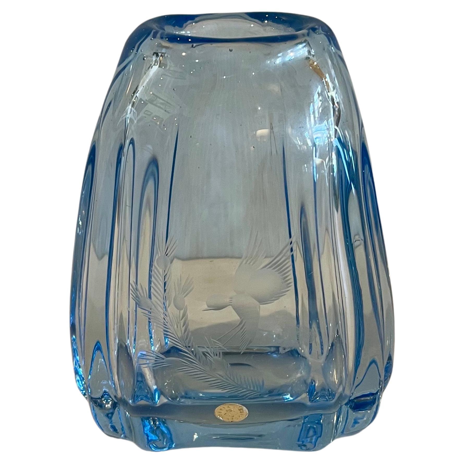 Swedish Modern Thick Blue Glass Etched Vase by Kosta Sverige For Sale