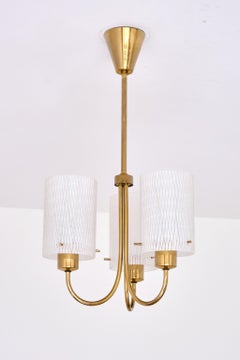 Swedish Modern Three Arm Pendant Light with Etched Glass Shades, 1950s