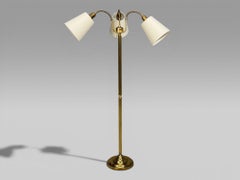 Swedish Modern, Three Light Floor Lamp, Reeded Brass, Fabric, Sweden, 1970s