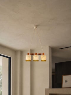 Swedish Modern, Three Light Pendant Light, Teak, Glass, Sweden, 1950s
