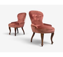 Swedish Modern, Traditional Slipper Chairs, Pink Velvet, Wood, Sweden, 1950s