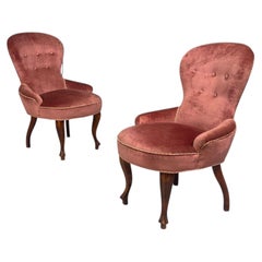 Swedish Modern, Traditional Slipper Chairs, Pink Velvet, Wood, Sweden, 1950s