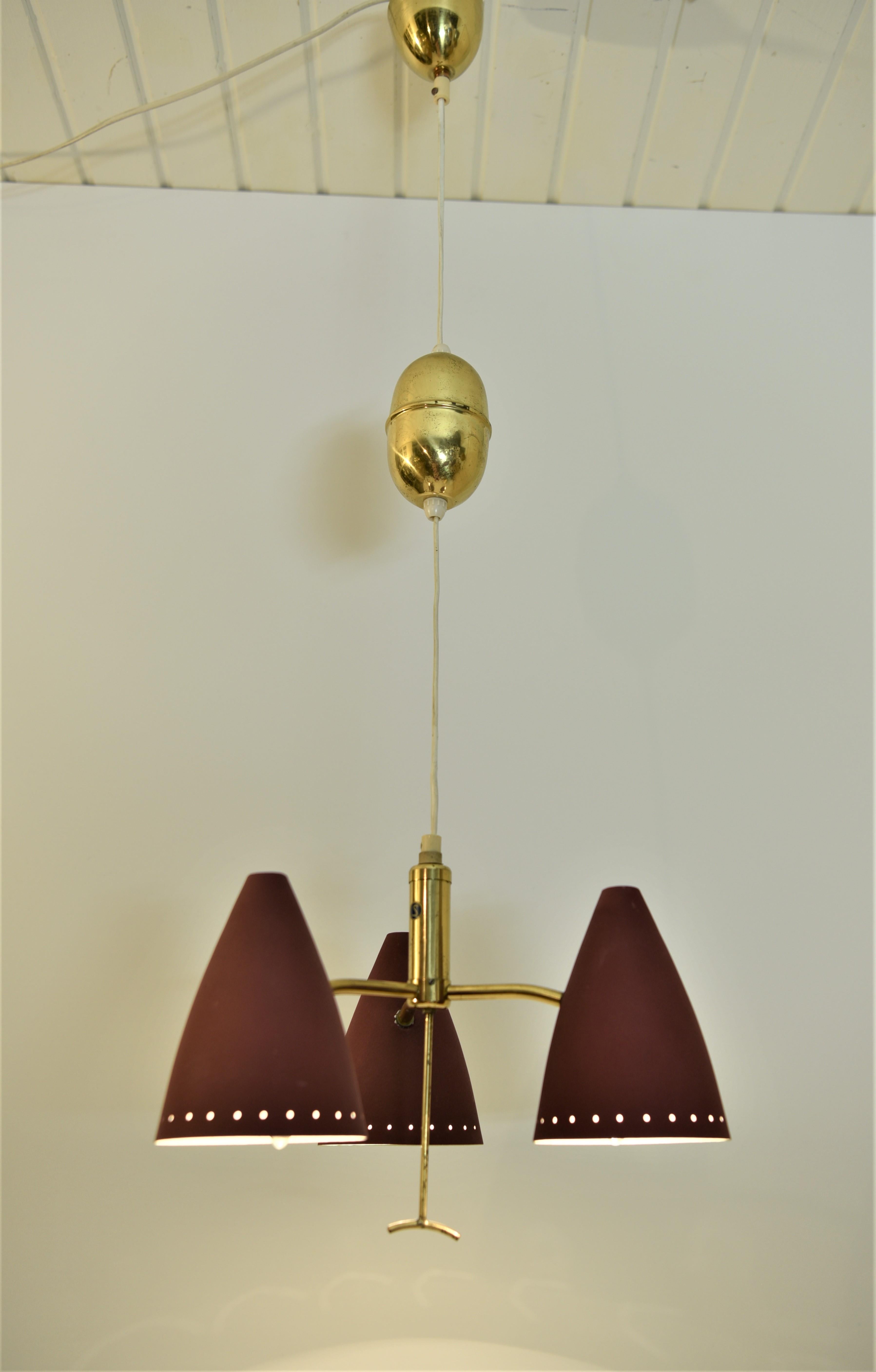 Scandinavian Modern Swedish Modern Triple Pendant Lamp with Elevator Function, 1950s For Sale