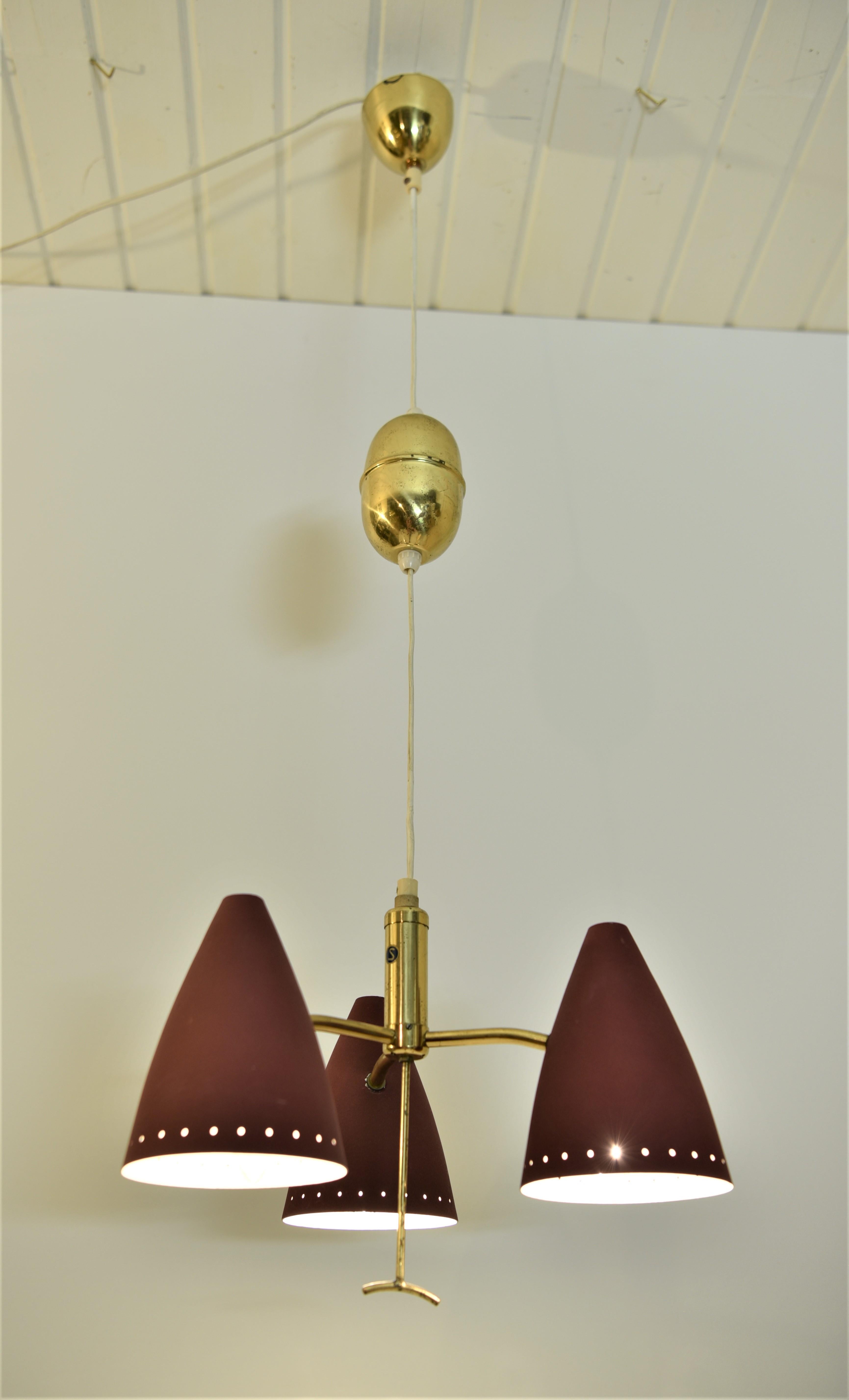 Lacquered Swedish Modern Triple Pendant Lamp with Elevator Function, 1950s For Sale