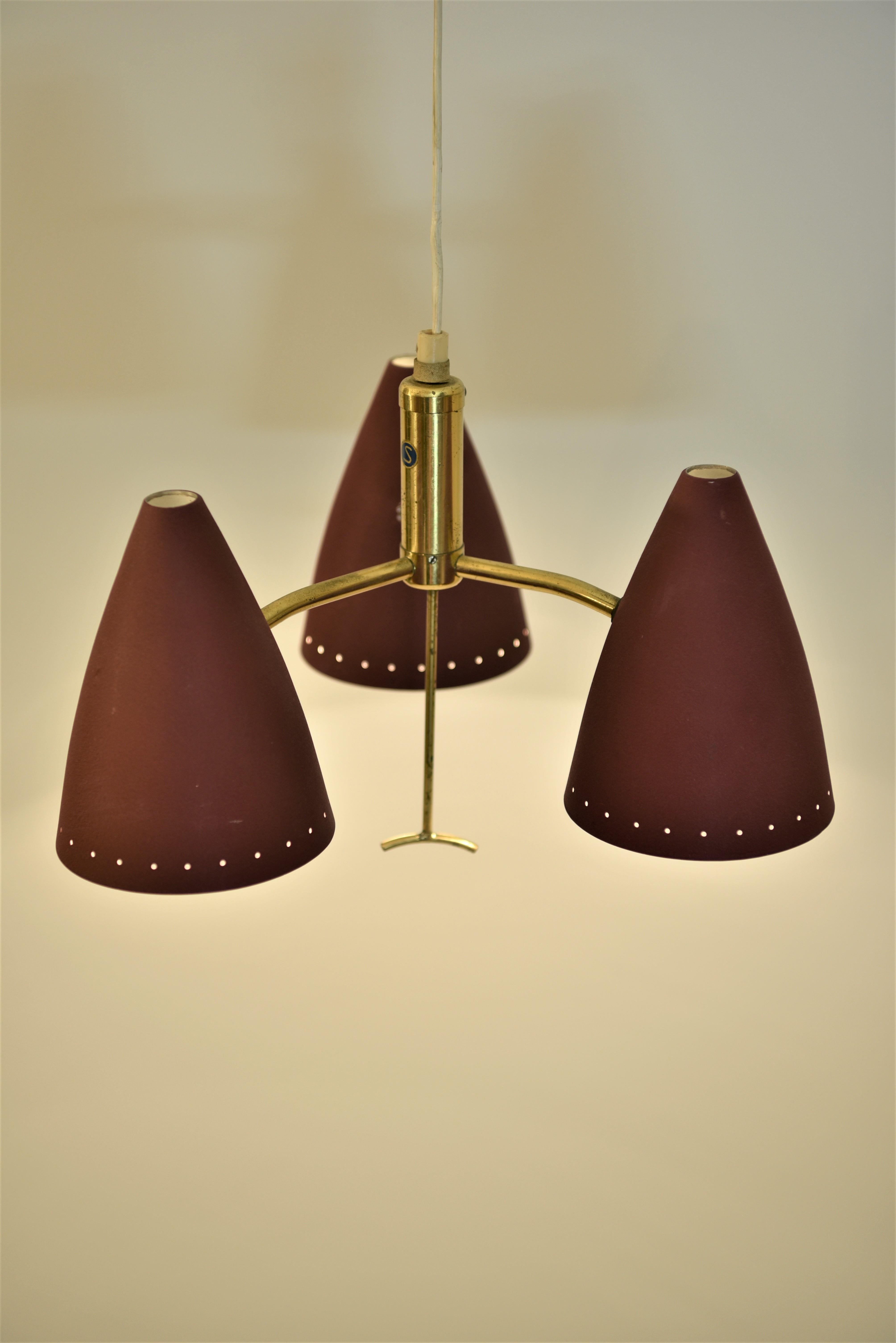Metal Swedish Modern Triple Pendant Lamp with Elevator Function, 1950s For Sale