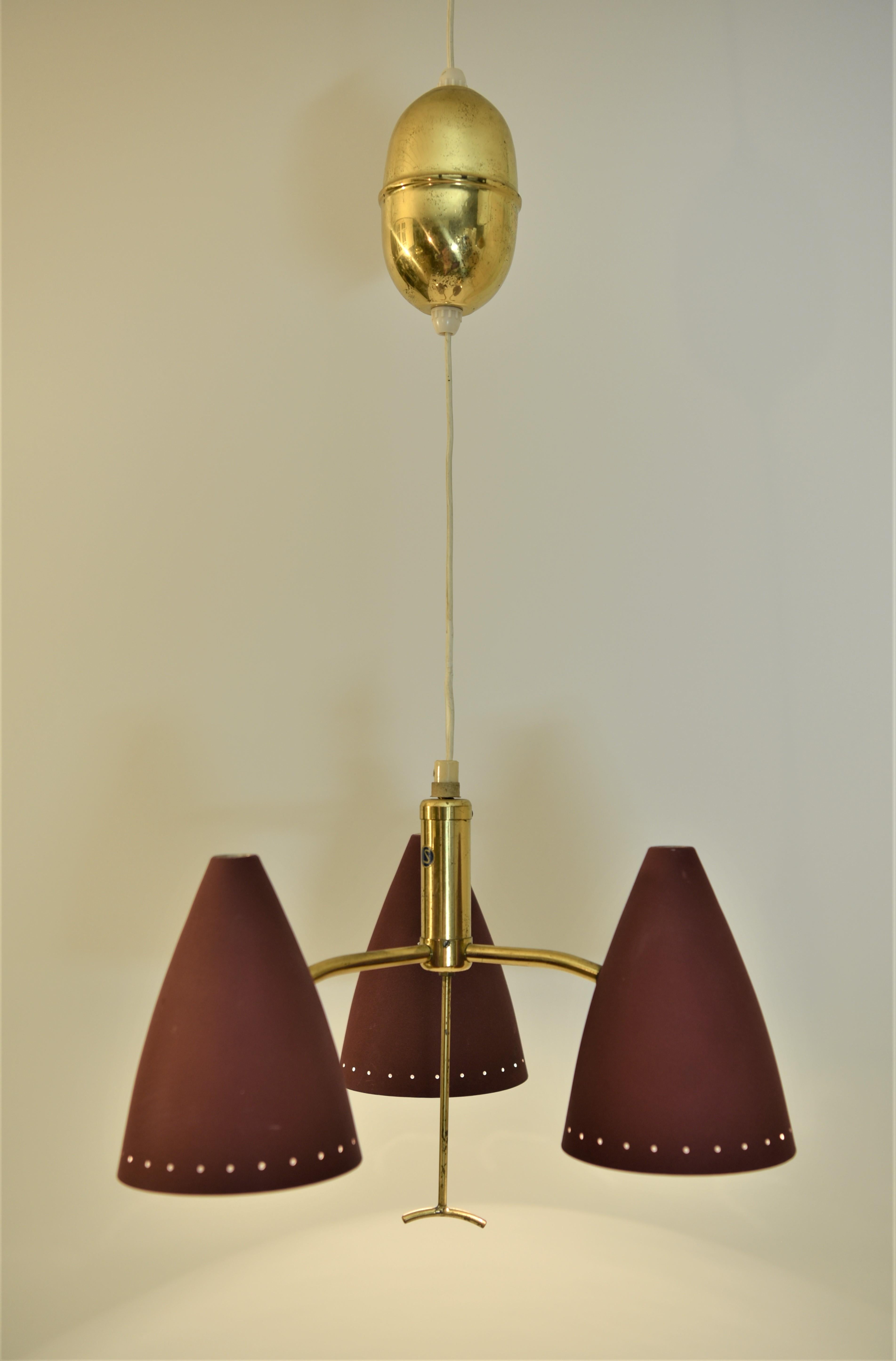Swedish Modern Triple Pendant Lamp with Elevator Function, 1950s For Sale 2