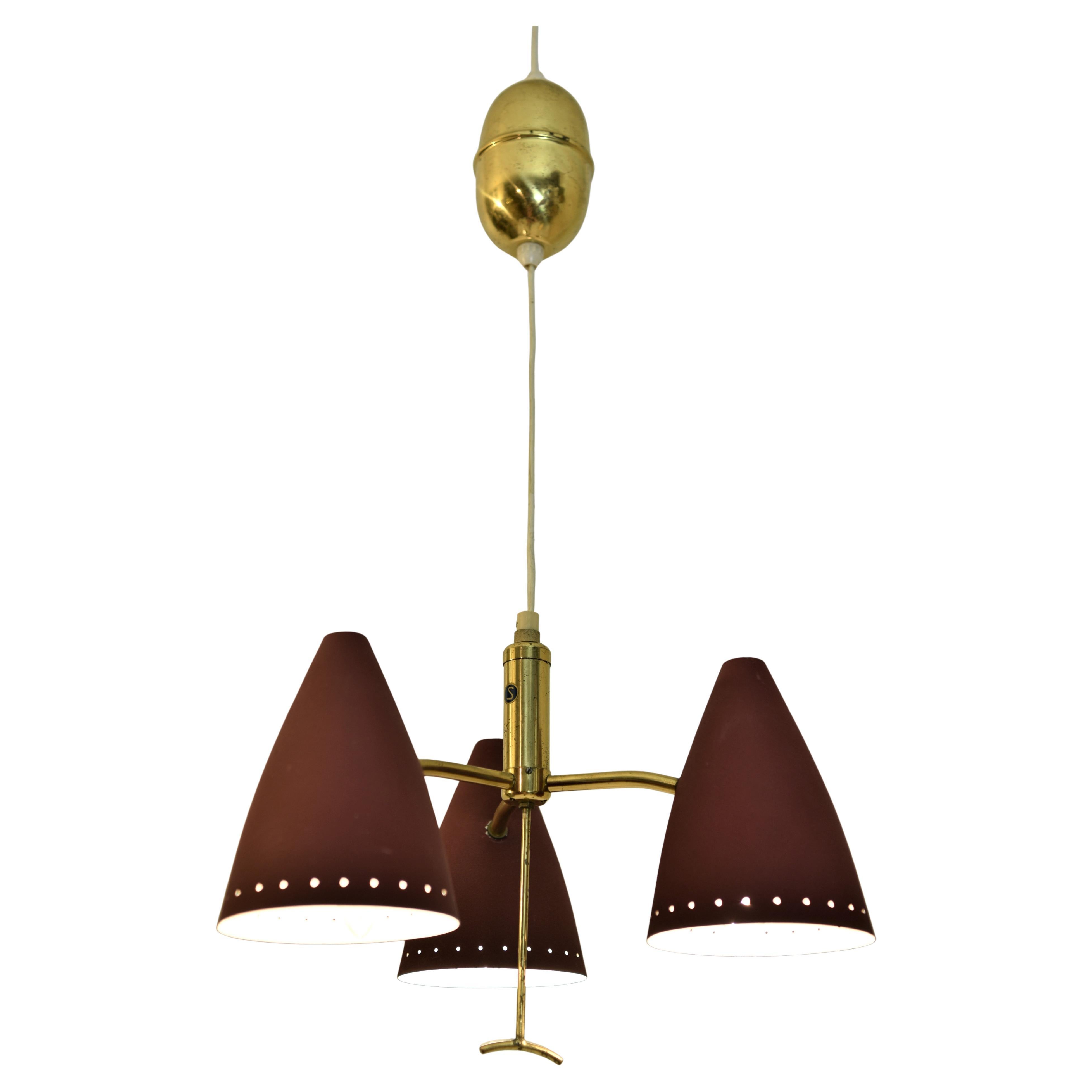 Swedish Modern Triple Pendant Lamp with Elevator Function, 1950s For Sale