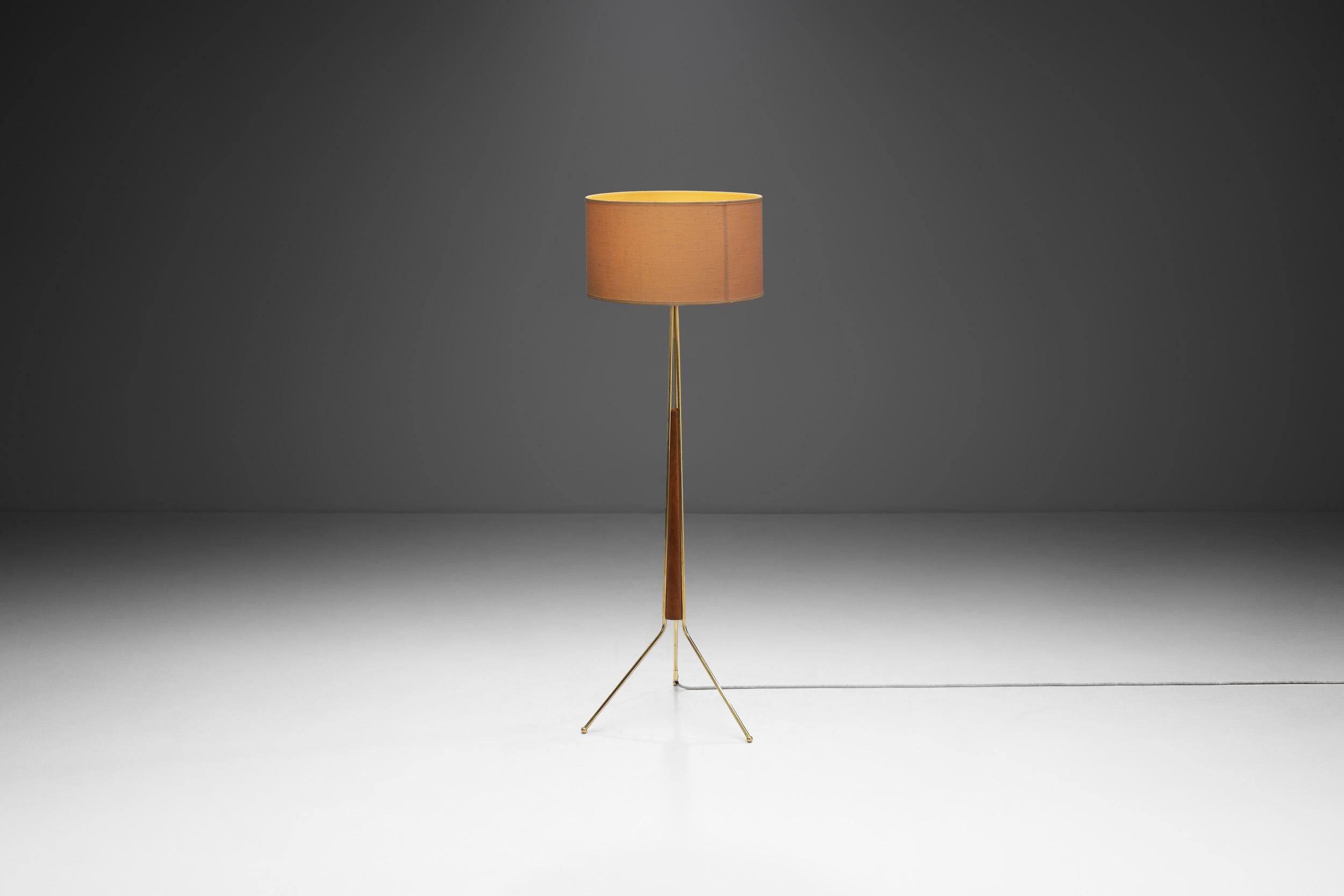 Swedish Modern Tripod Floor Lamp with Teak and Brass Accents, Sweden 1960s 1