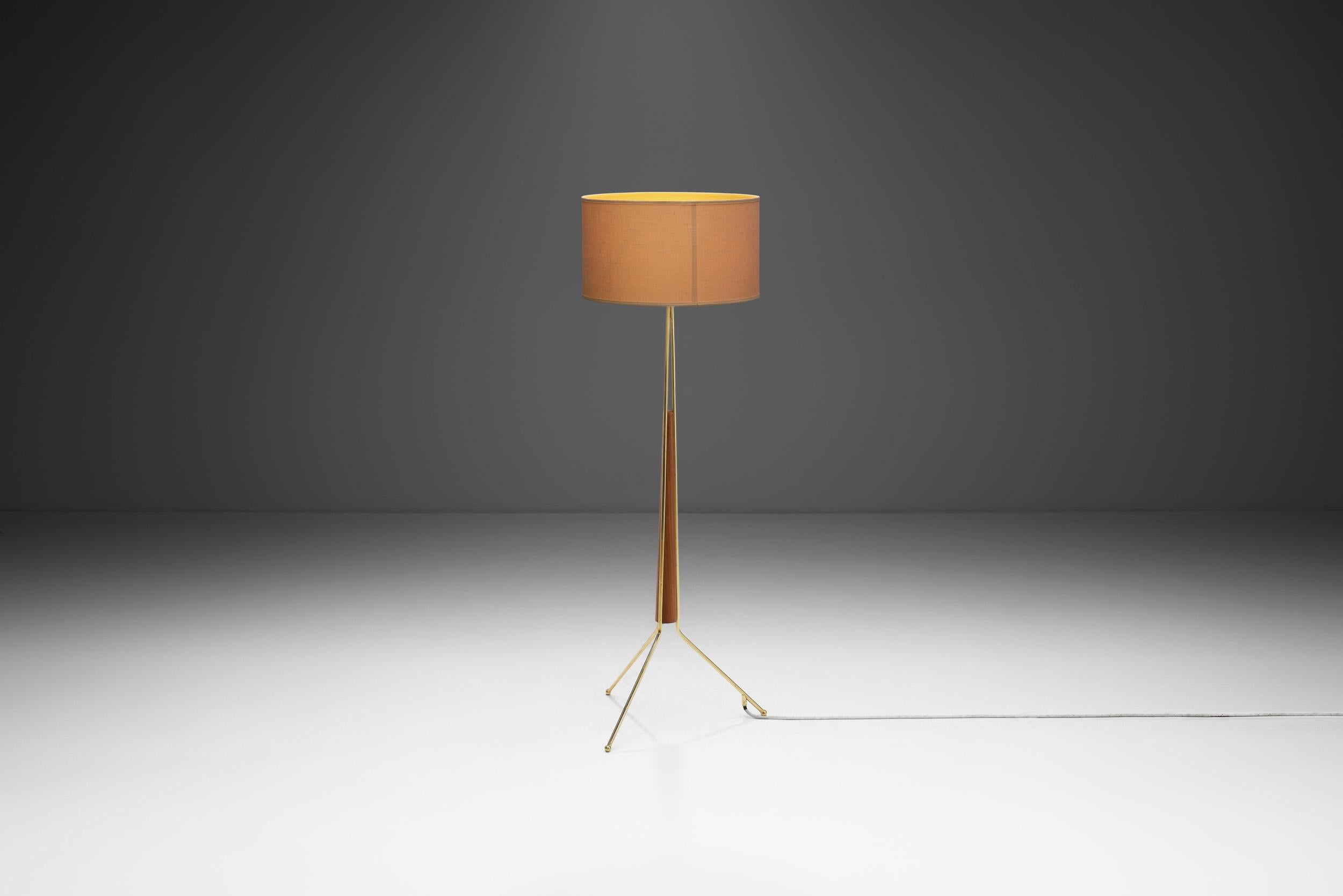 Swedish Modern Tripod Floor Lamp with Teak and Brass Accents, Sweden 1960s 2