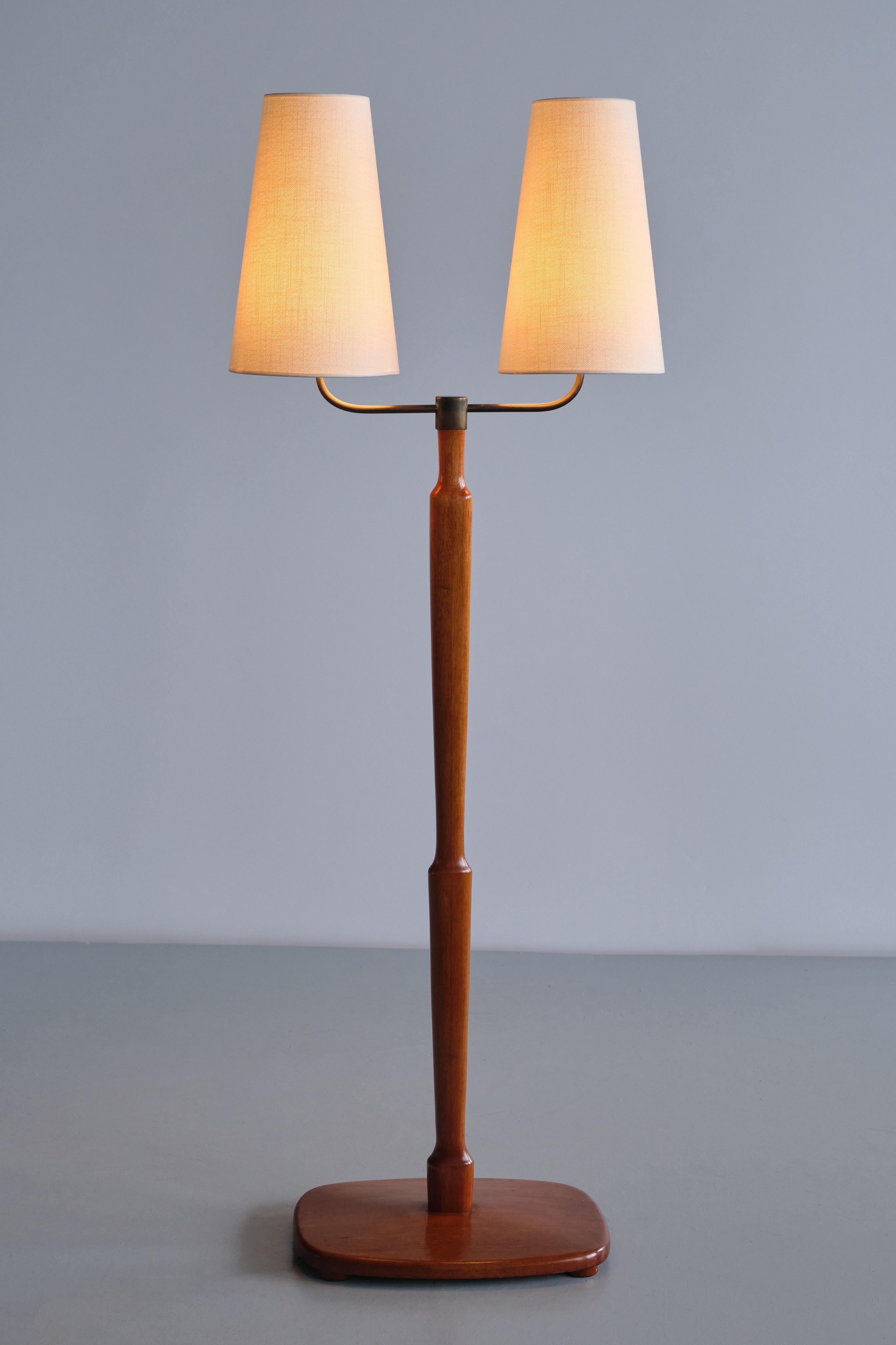 Scandinavian Modern Swedish Modern Two Arm Floor Lamp in Teak Wood and Brass, Sweden, Late 1940s For Sale
