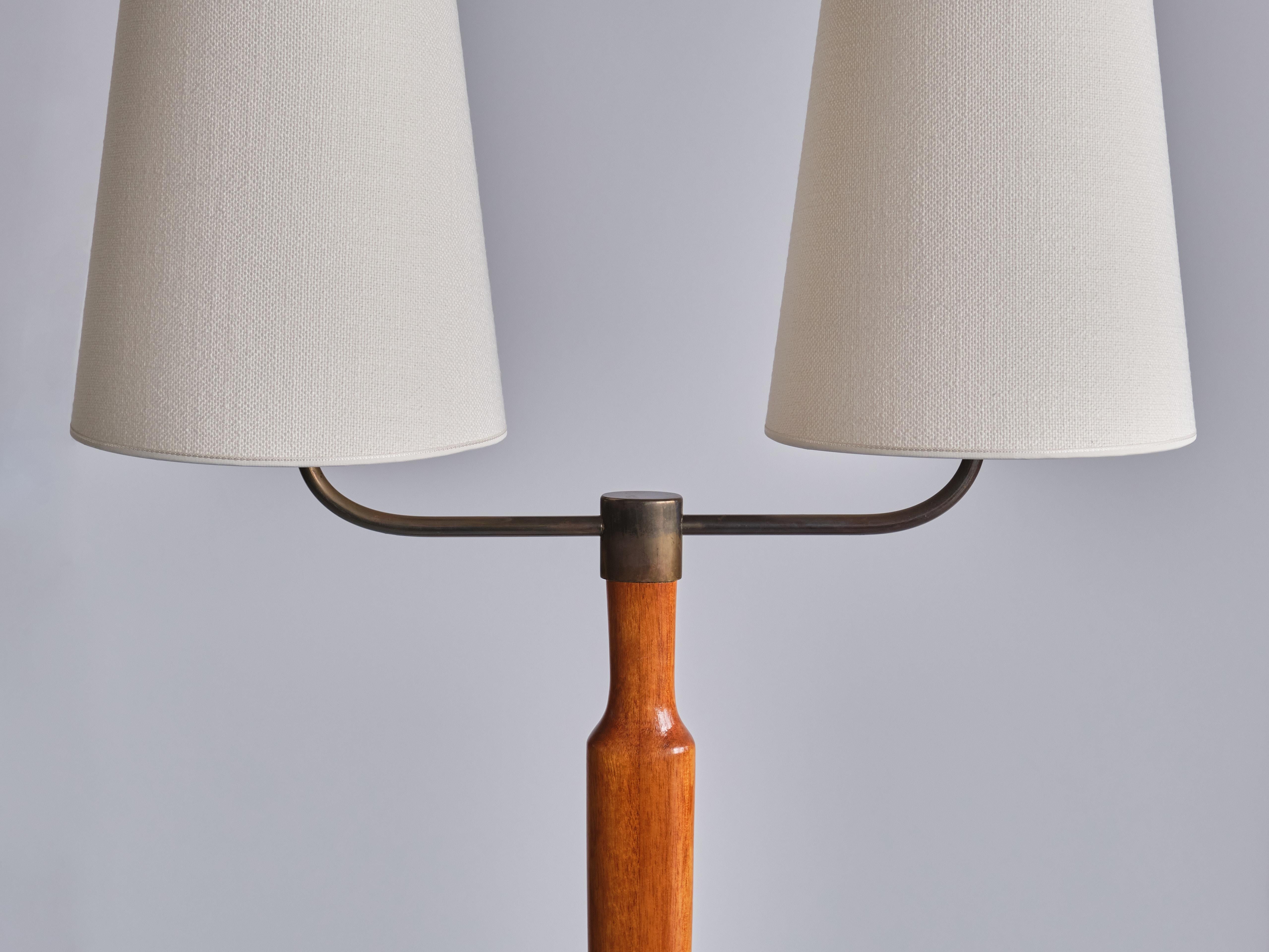 Mid-20th Century Swedish Modern Two Arm Floor Lamp in Teak Wood and Brass, Sweden, Late 1940s