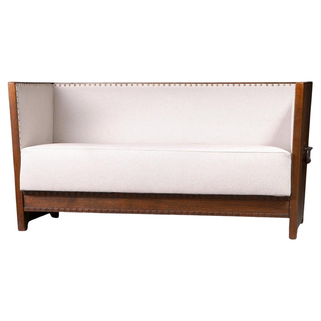 Swedish Modern Two-Seater Sofa in Oak and Light Fabric, 1940s