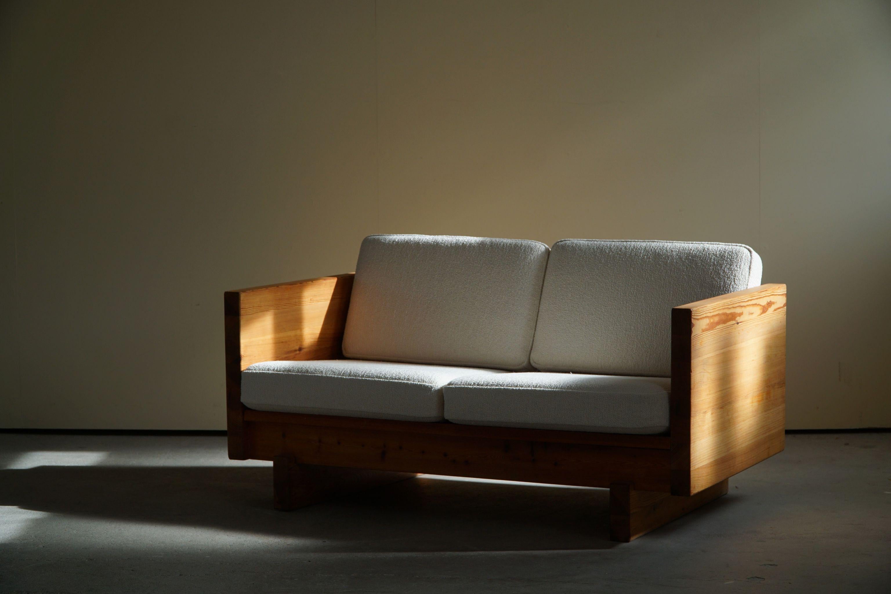 Swedish Modern, Two Seater Sofa in Solid Pine, Reupholstered in Bouclé, 1960s 5