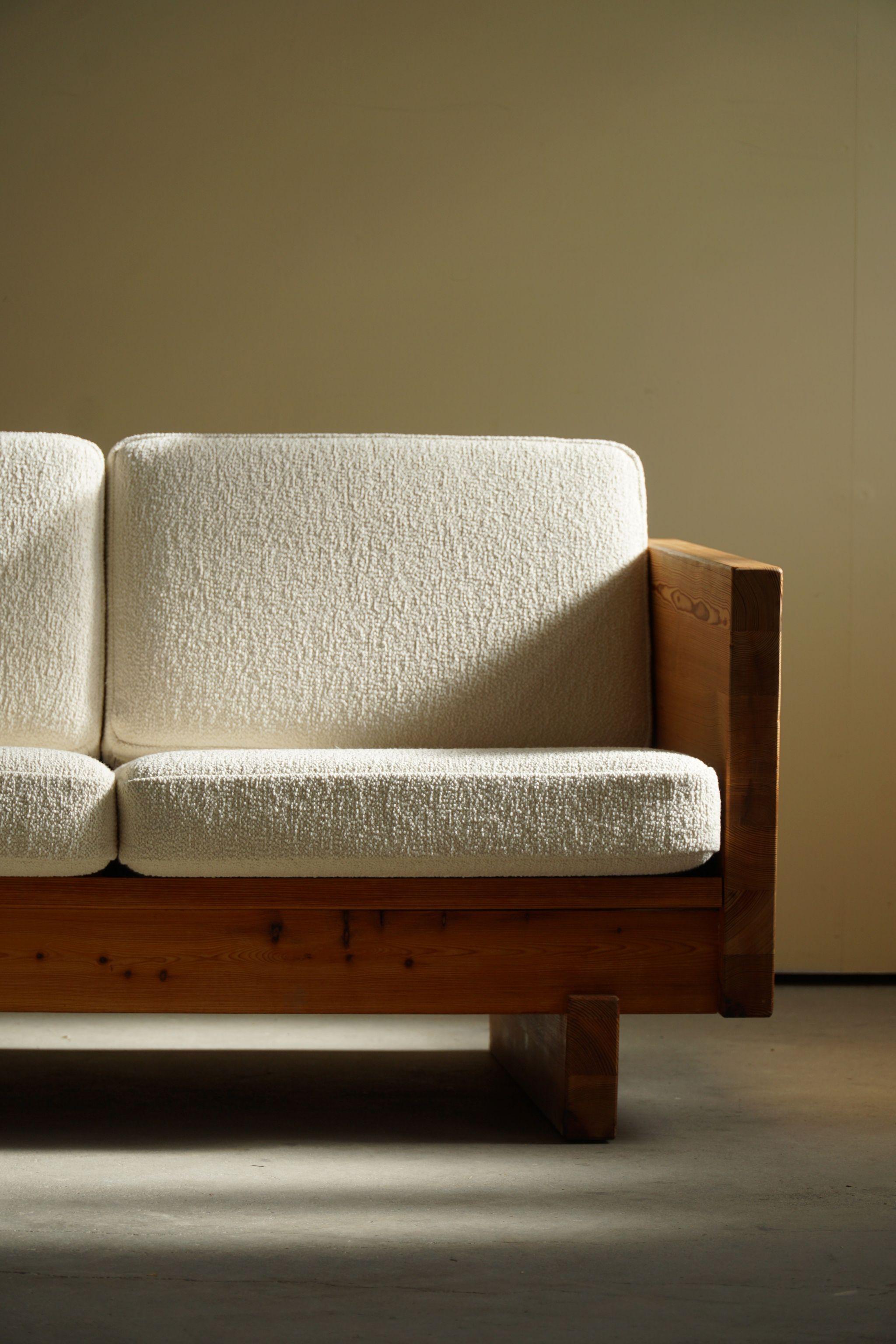 Swedish Modern, Two Seater Sofa in Solid Pine, Reupholstered in Bouclé, 1960s 6