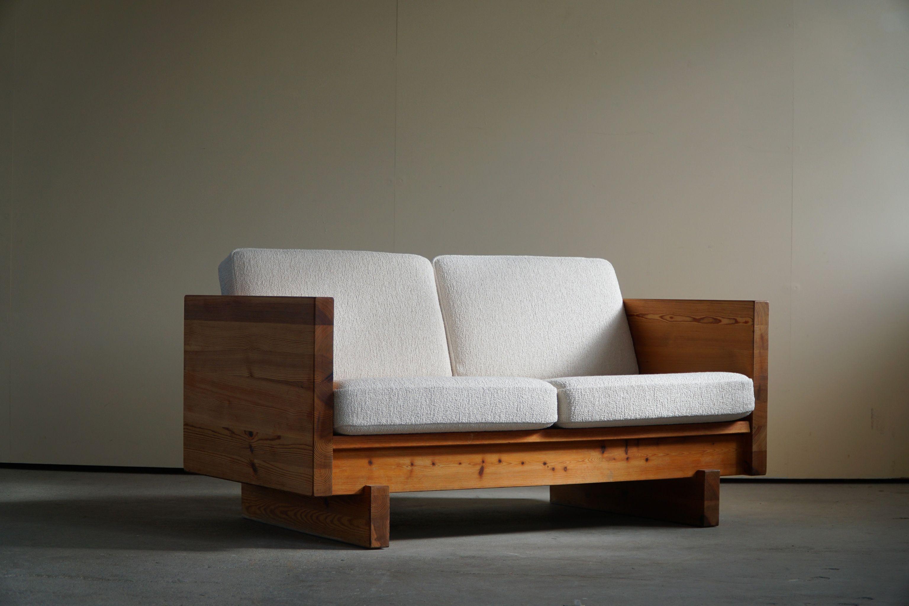 Swedish Modern, Two Seater Sofa in Solid Pine, Reupholstered in Bouclé, 1960s 8