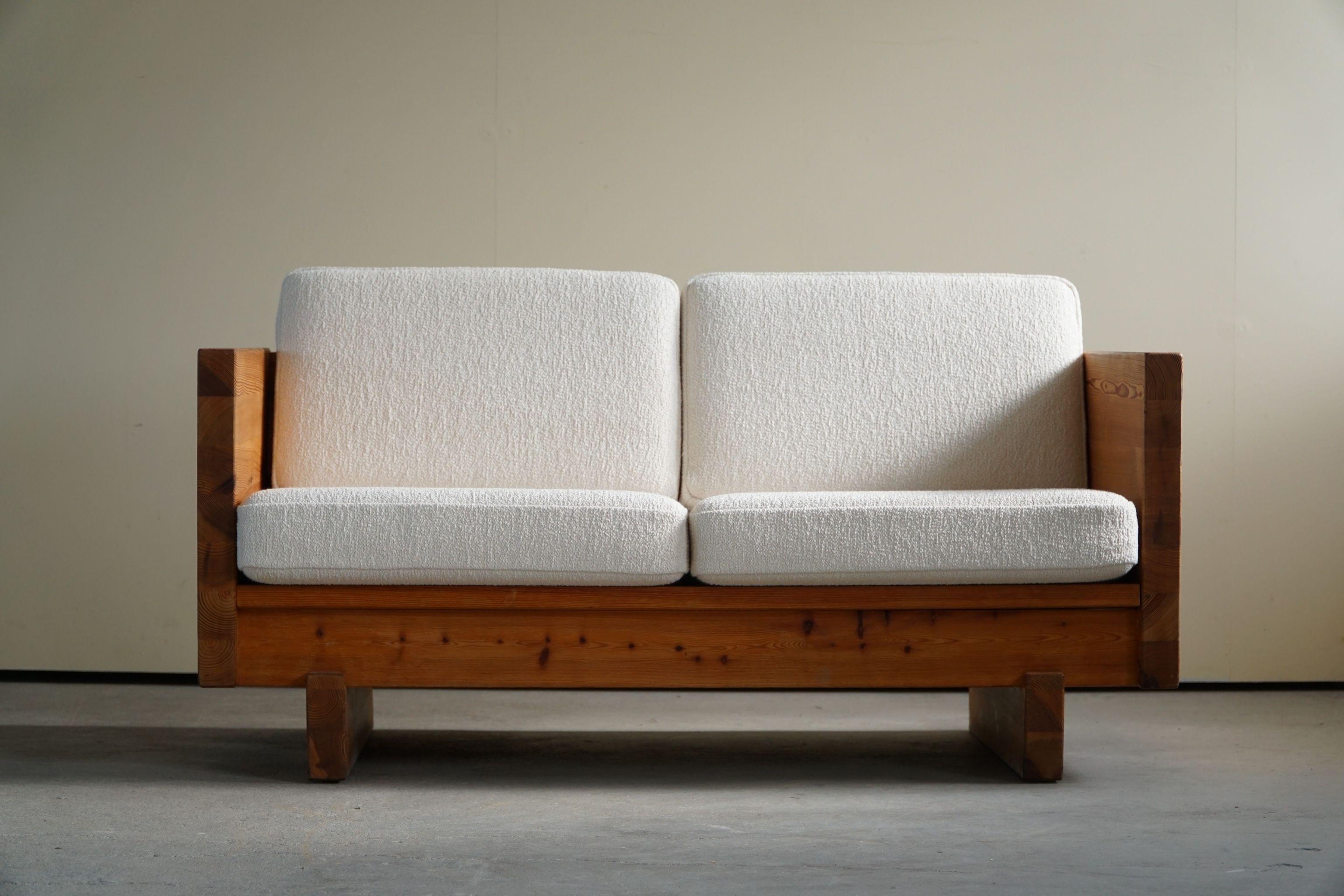 Swedish Modern, Two Seater Sofa in Solid Pine, Reupholstered in Bouclé, 1960s 10