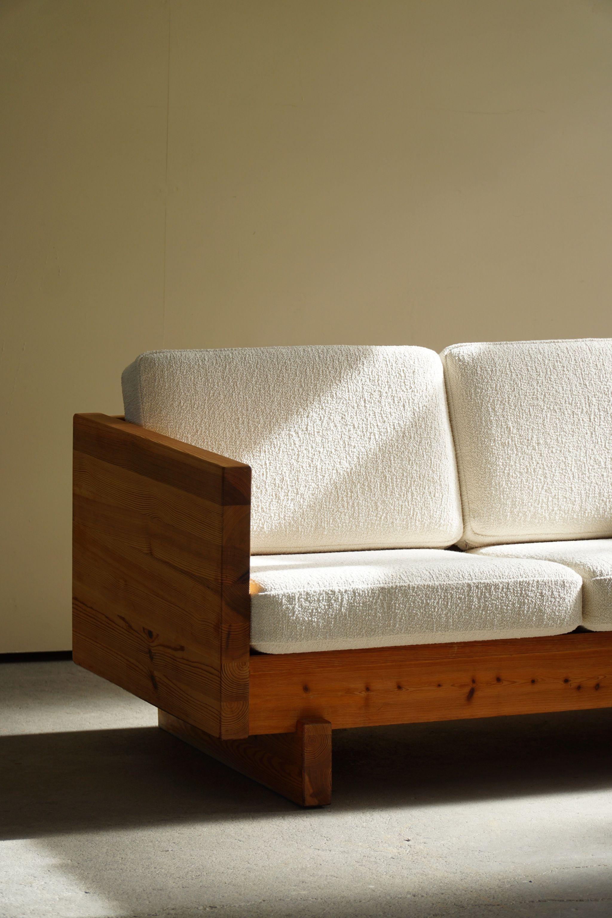 Swedish Modern, Two Seater Sofa in Solid Pine, Reupholstered in Bouclé, 1960s 12