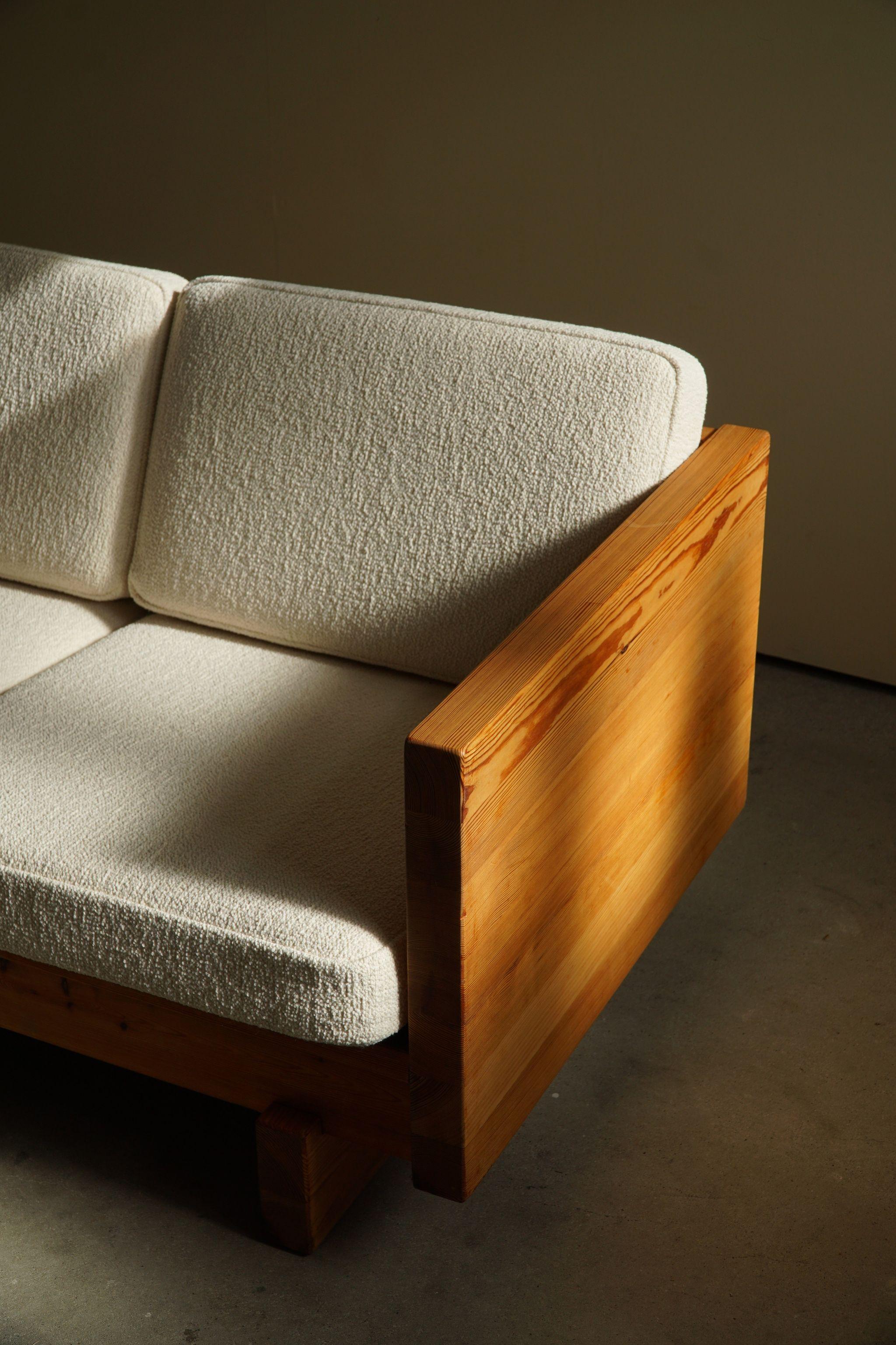 Mid-20th Century Swedish Modern, Two Seater Sofa in Solid Pine, Reupholstered in Bouclé, 1960s