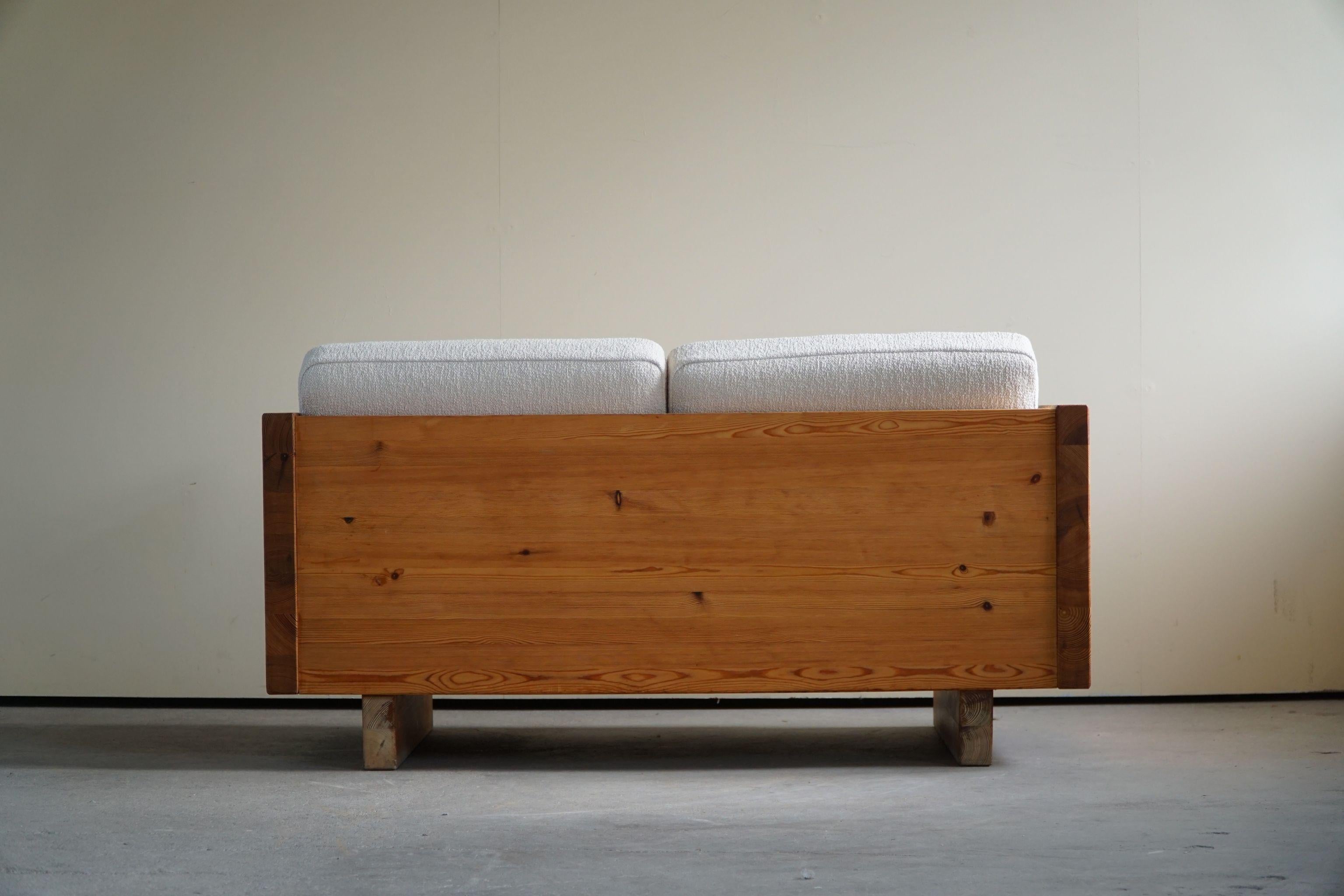 Swedish Modern, Two Seater Sofa in Solid Pine, Reupholstered in Bouclé, 1960s 2
