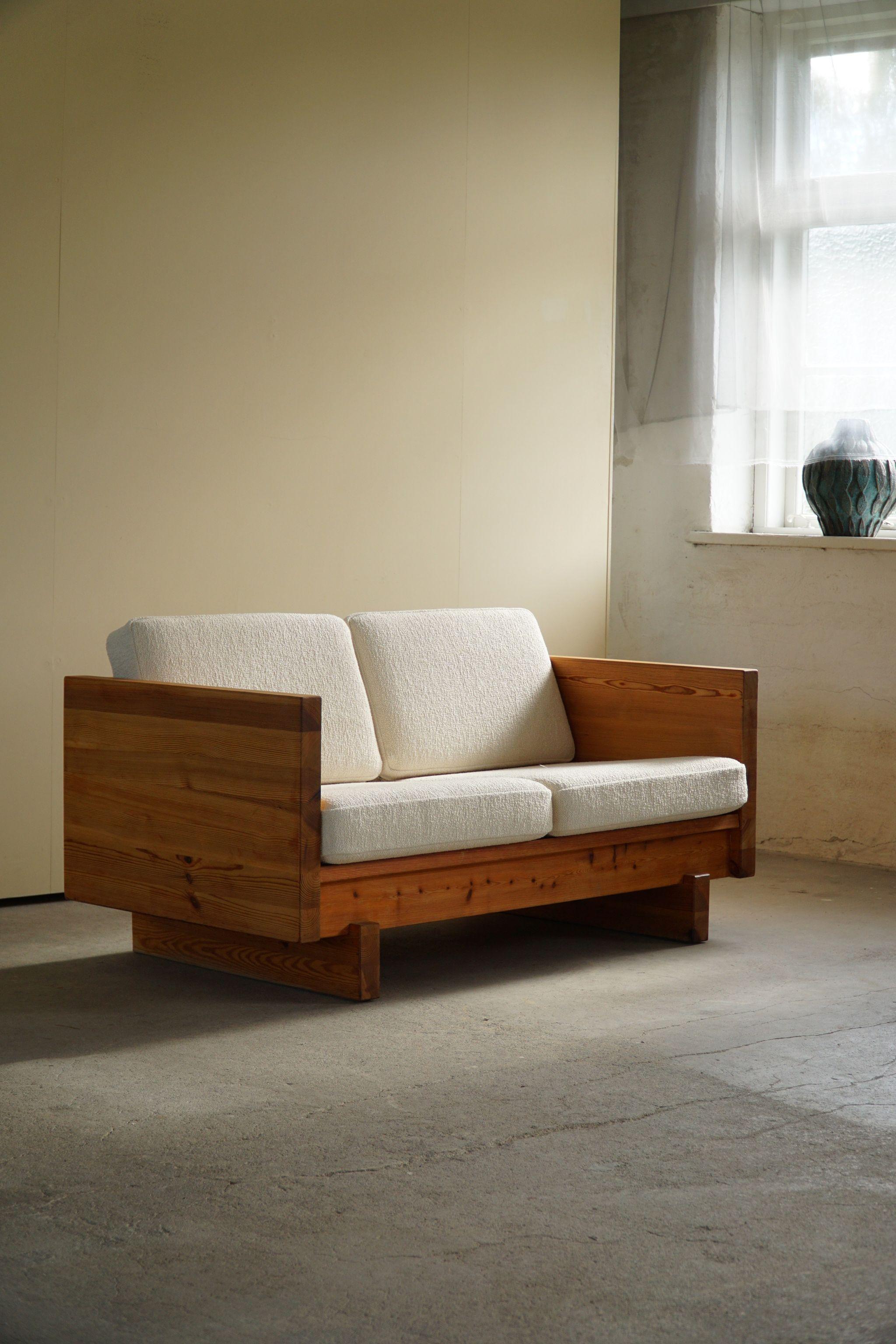 Swedish Modern, Two Seater Sofa in Solid Pine, Reupholstered in Bouclé, 1960s 4